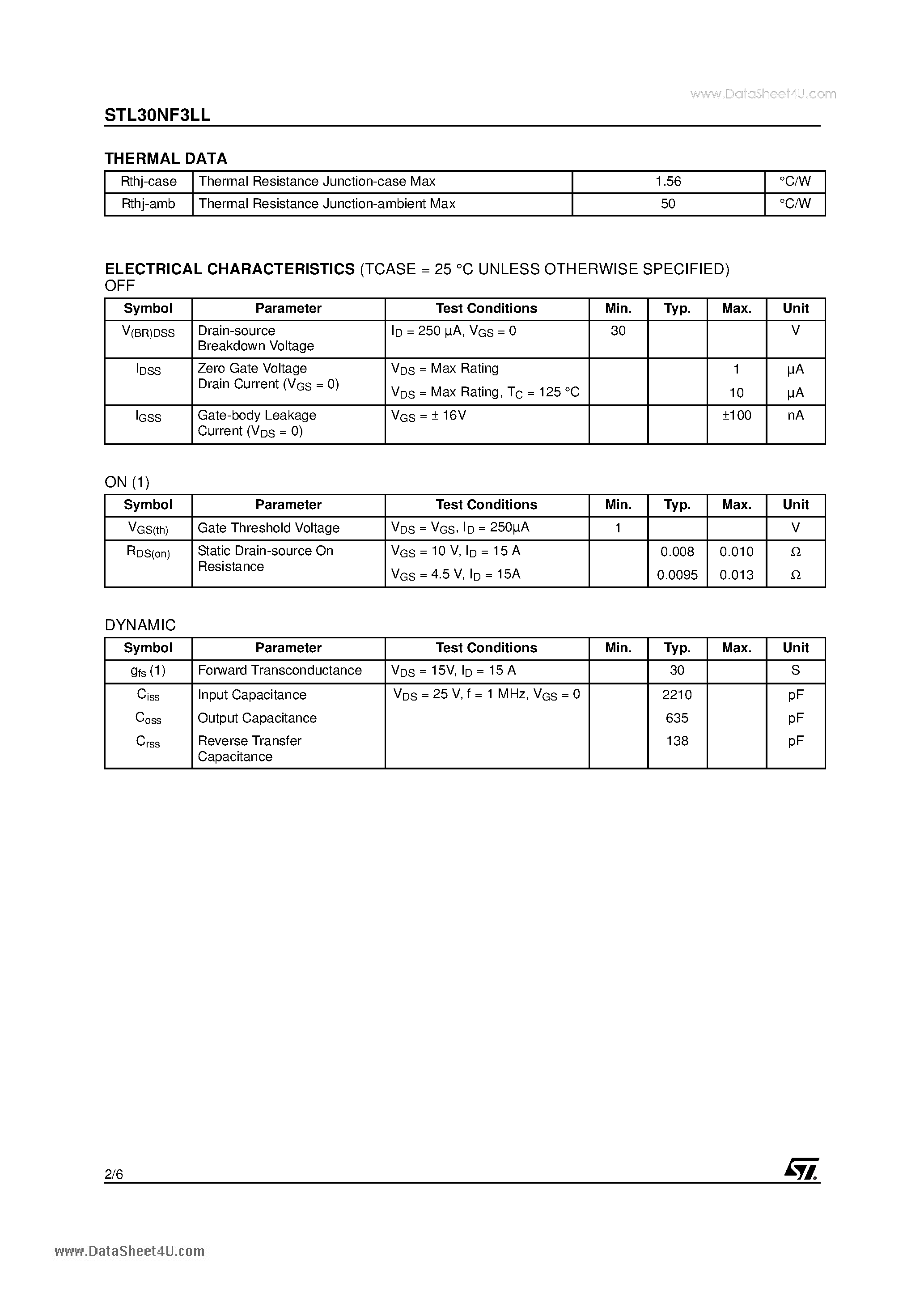 Datasheet STL30NF3LL - N-CHANNEL MOSFET page 2