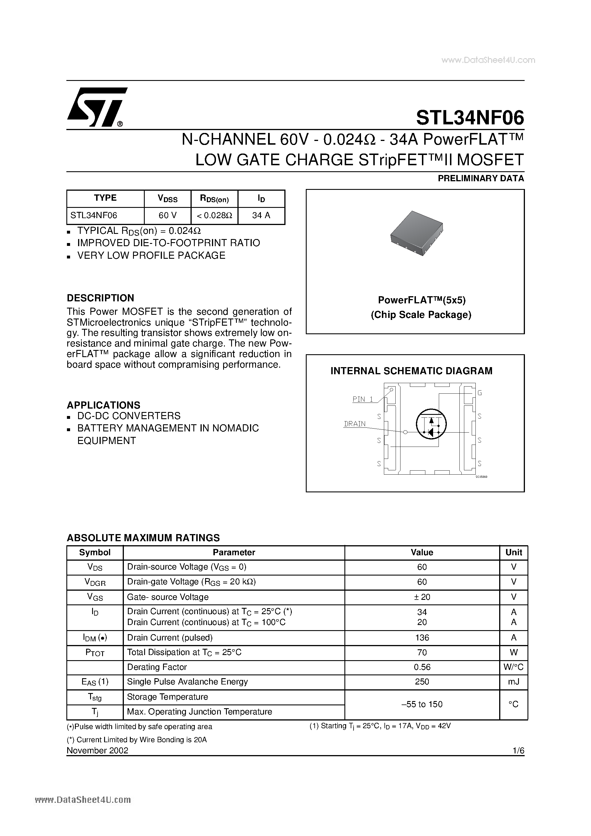 Datasheet STL34NF06 - N-CHANNEL MOSFET page 1