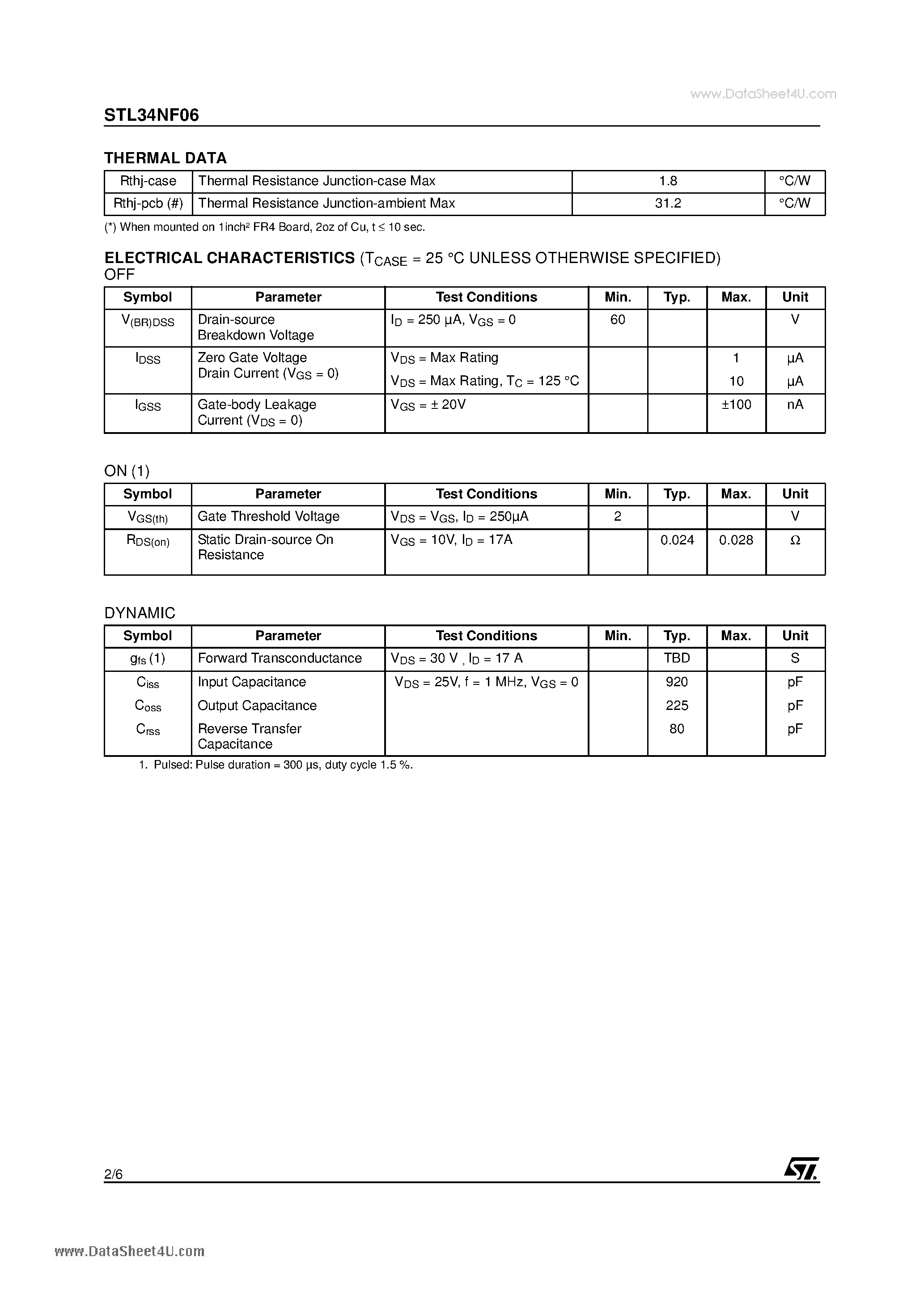 Datasheet STL34NF06 - N-CHANNEL MOSFET page 2