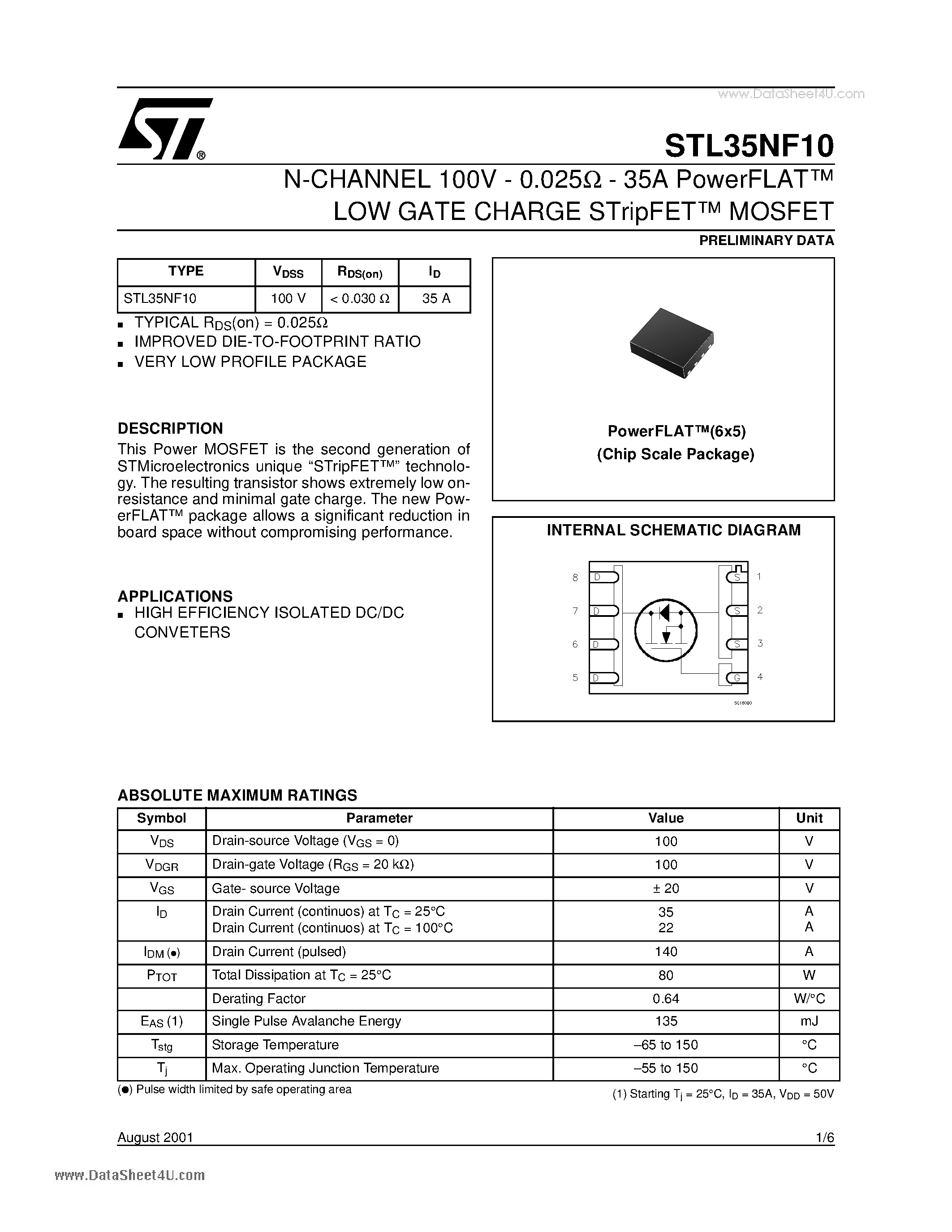 Datasheet STL35NF10 - N-CHANNEL MOSFET page 1
