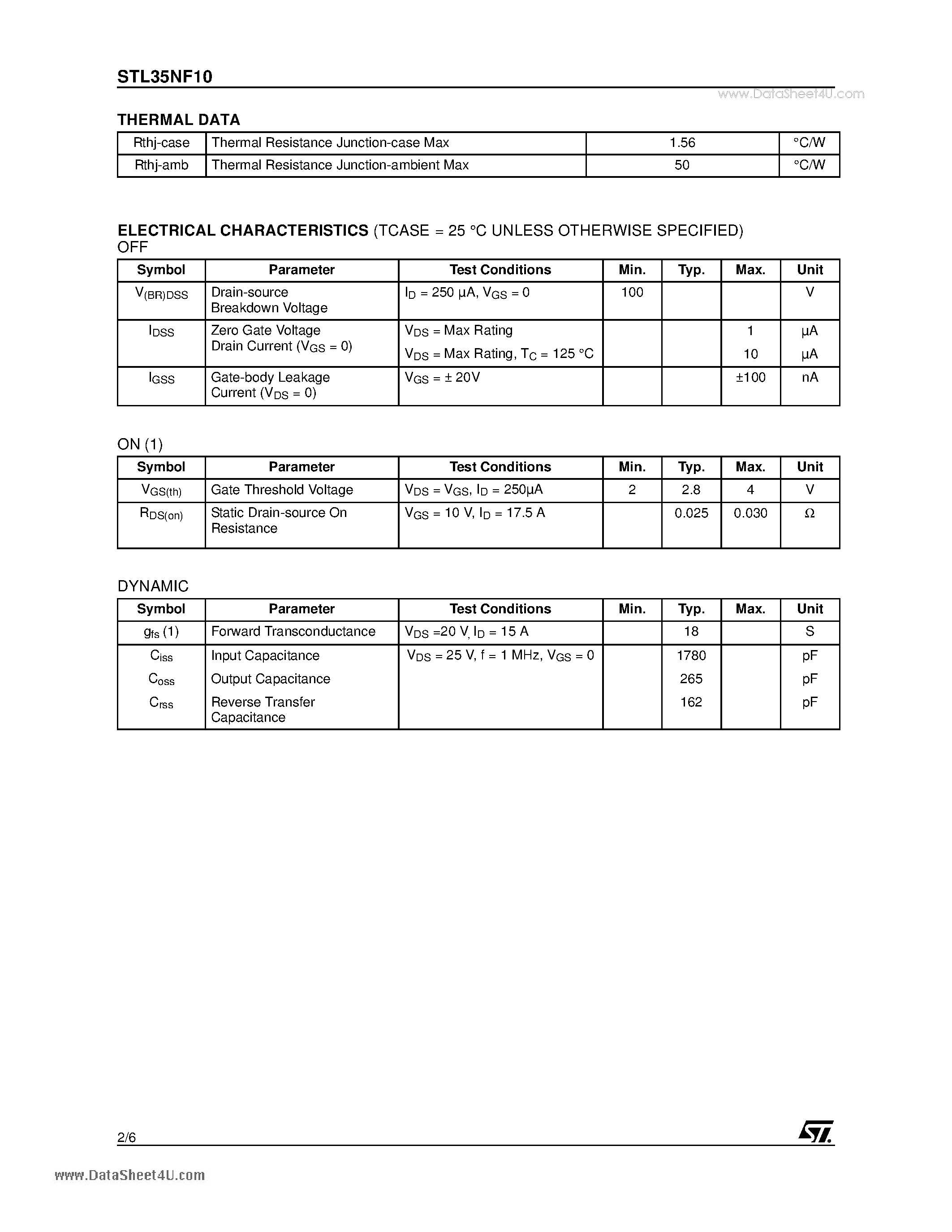 Datasheet STL35NF10 - N-CHANNEL MOSFET page 2
