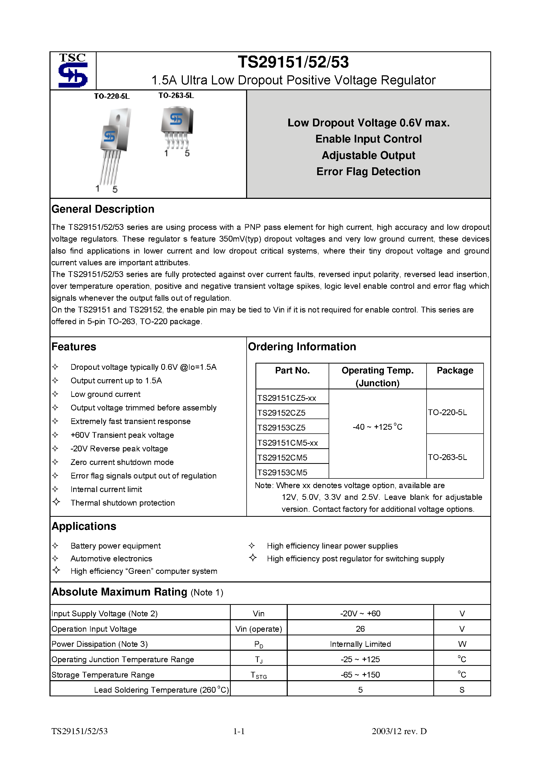 Даташит TS29151 - (TS29151 - TS29153) 1.5A Ultra Low Dropout Positive Voltage Regulator страница 1