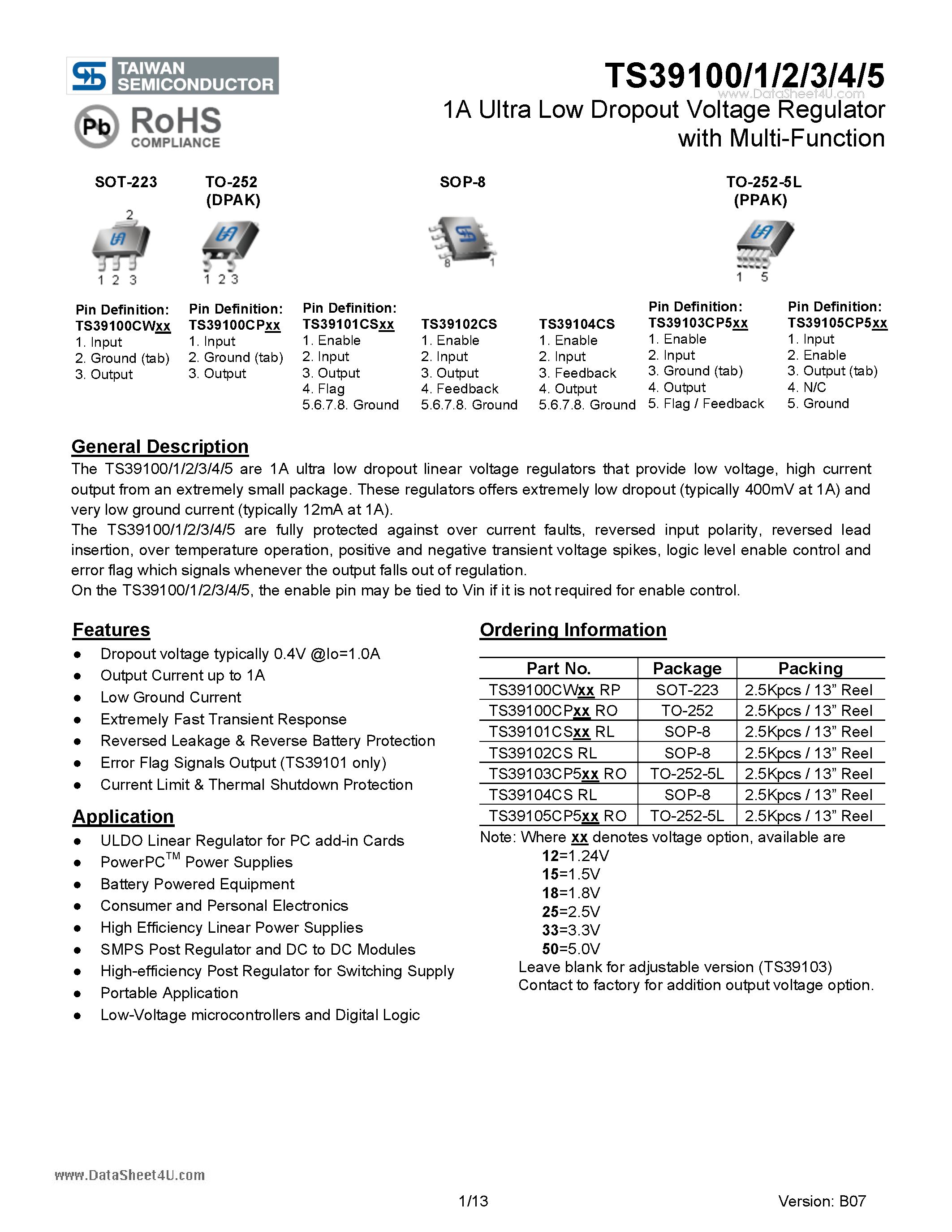 Datasheet TS39100 page 1 Datasheet TS39100 - (TS39100 - TS39105) 1A Ultra Low Dropout Voltage Regulator page 1