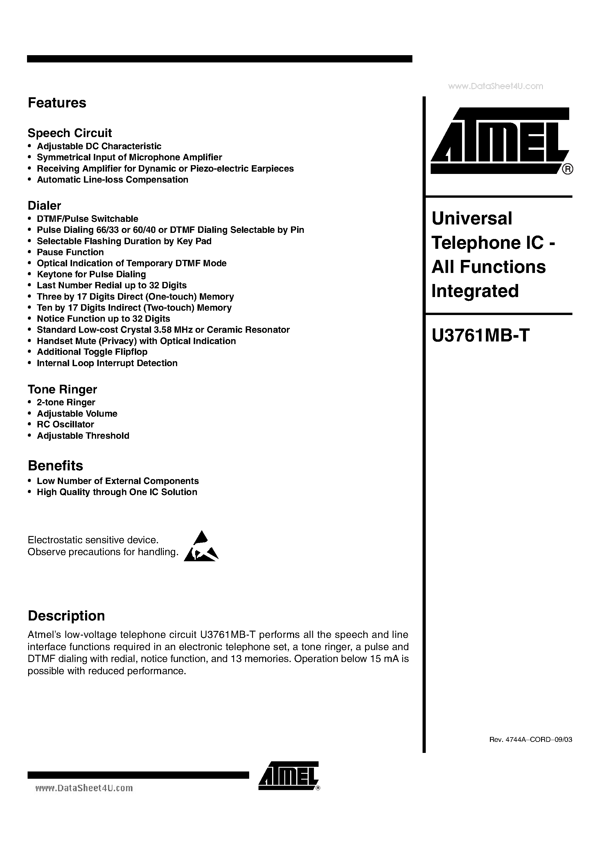 Даташит U3761MB-T - Universal Telephone IC страница 1