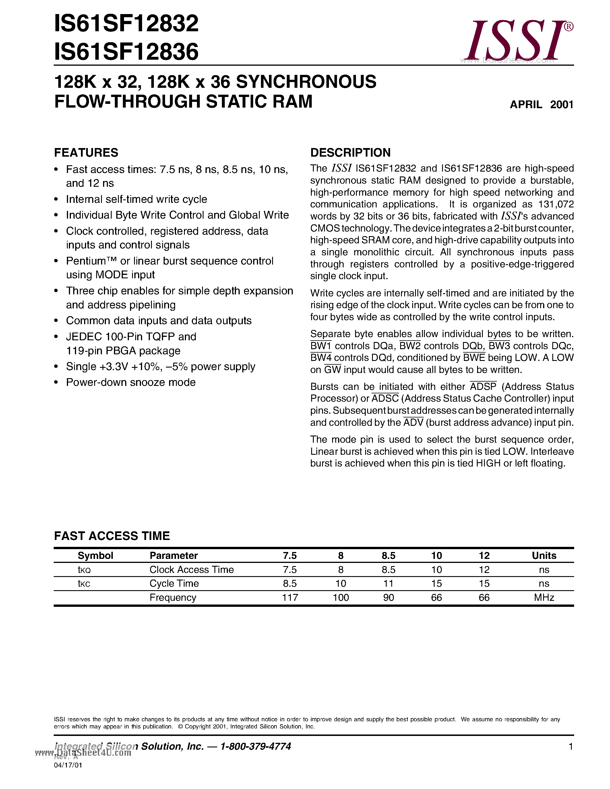 Даташит IS61SF12832 - (IS61SF12832 / IS61SF12836) 128K x 36 SYNCHRONOUS FLOW-THROUGH STATIC RAM страница 1
