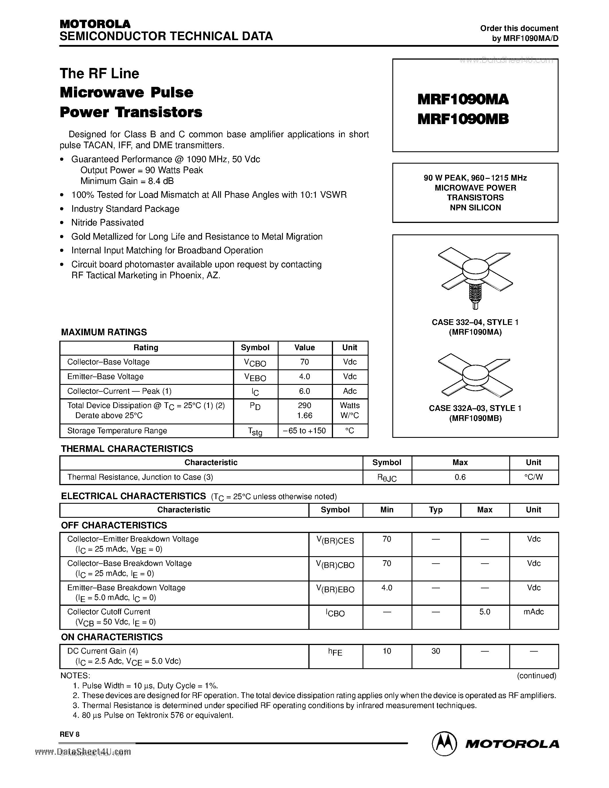 Datasheet MRF1090MA page 1 Datasheet MRF1090MA - MICROWAVE POWER TRANSISTORS page 1