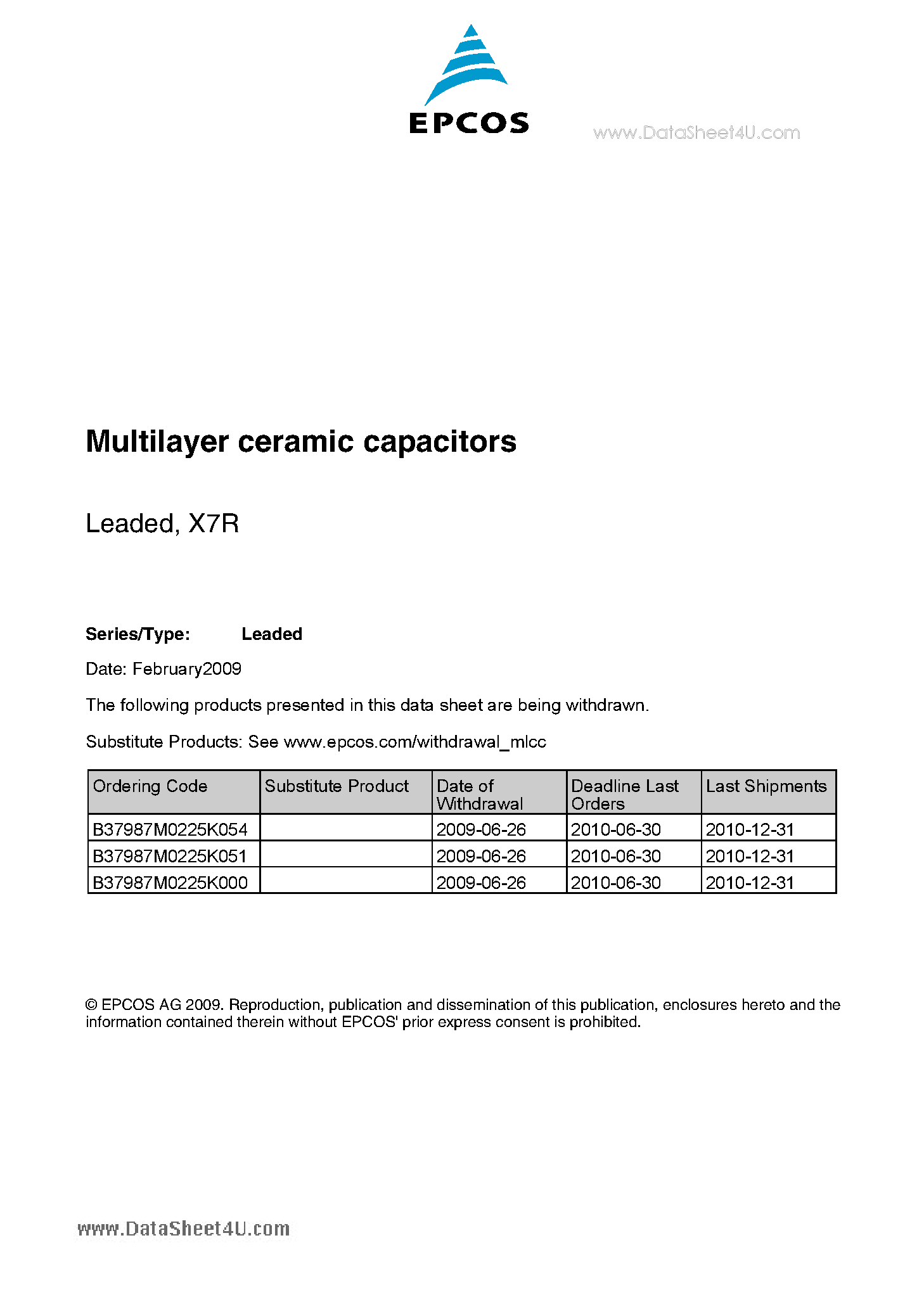 Datasheet B37981F5103K000 page 1 Datasheet B37981F5103K000 - Multilayer ceramic capacitors page 1
