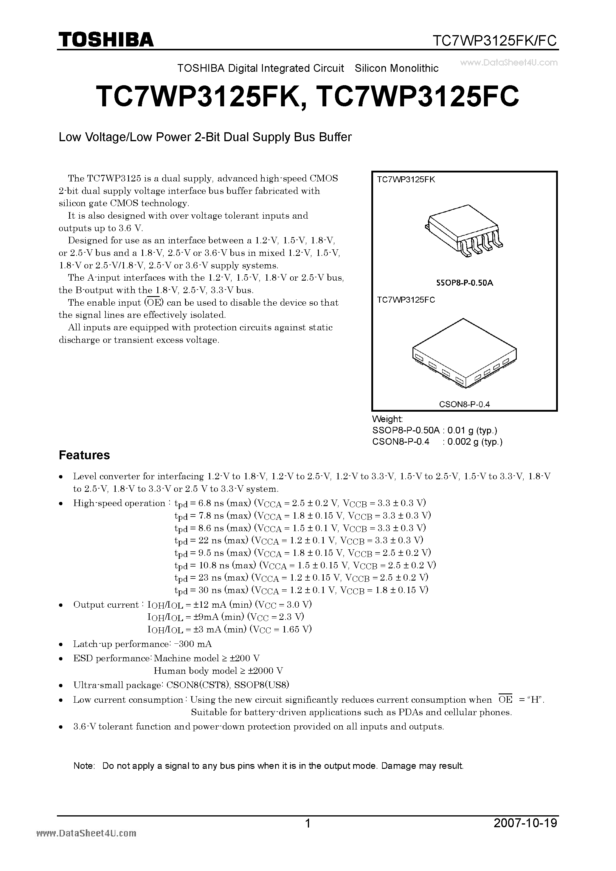 Datasheet TC7WP3125FC - Digital Integrated Circuit Silicon Monolithic Low Voltage/Low Power 2-Bit Dual Supply Bus Buffer page 1