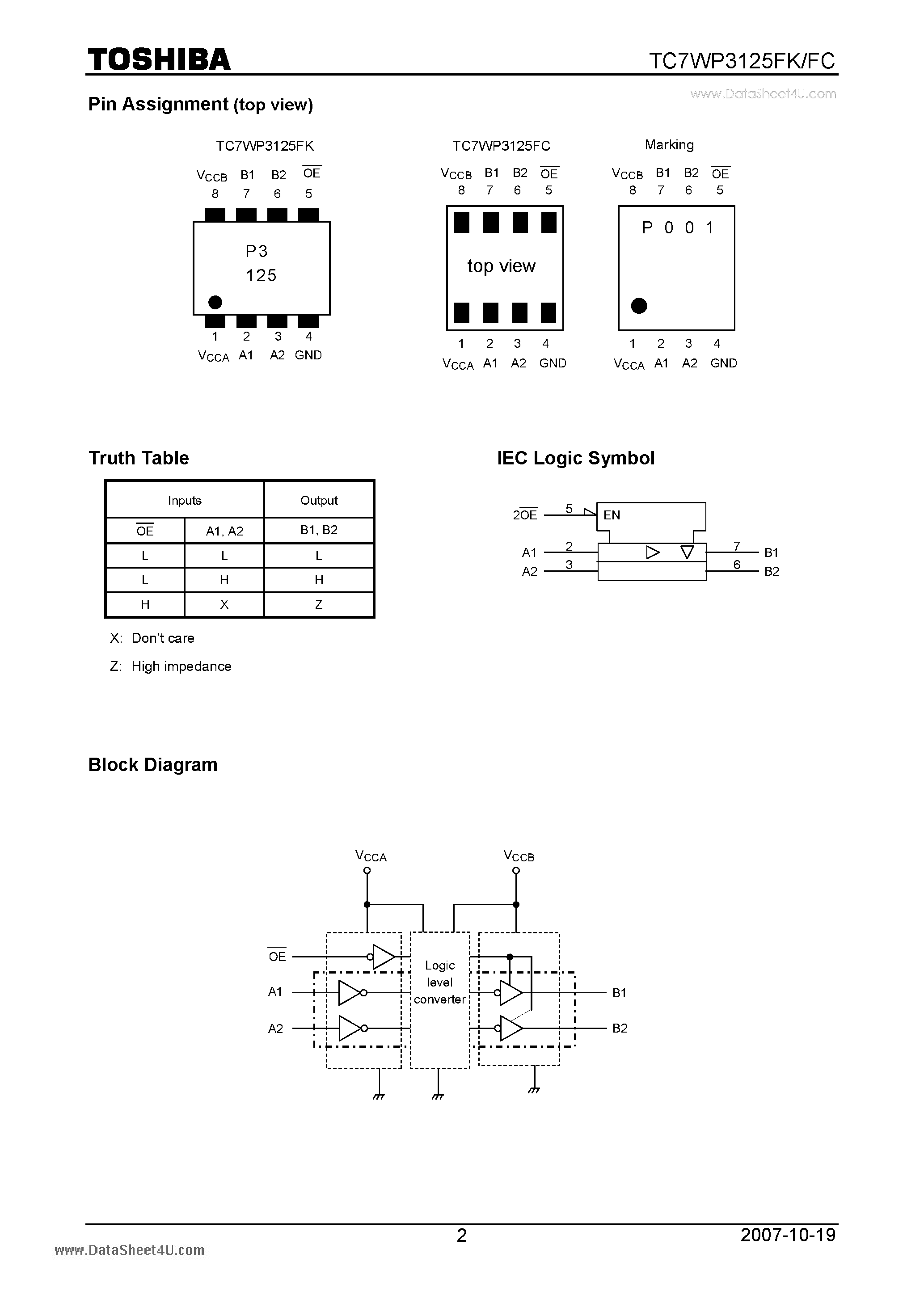 Datasheet TC7WP3125FC - Digital Integrated Circuit Silicon Monolithic Low Voltage/Low Power 2-Bit Dual Supply Bus Buffer page 2
