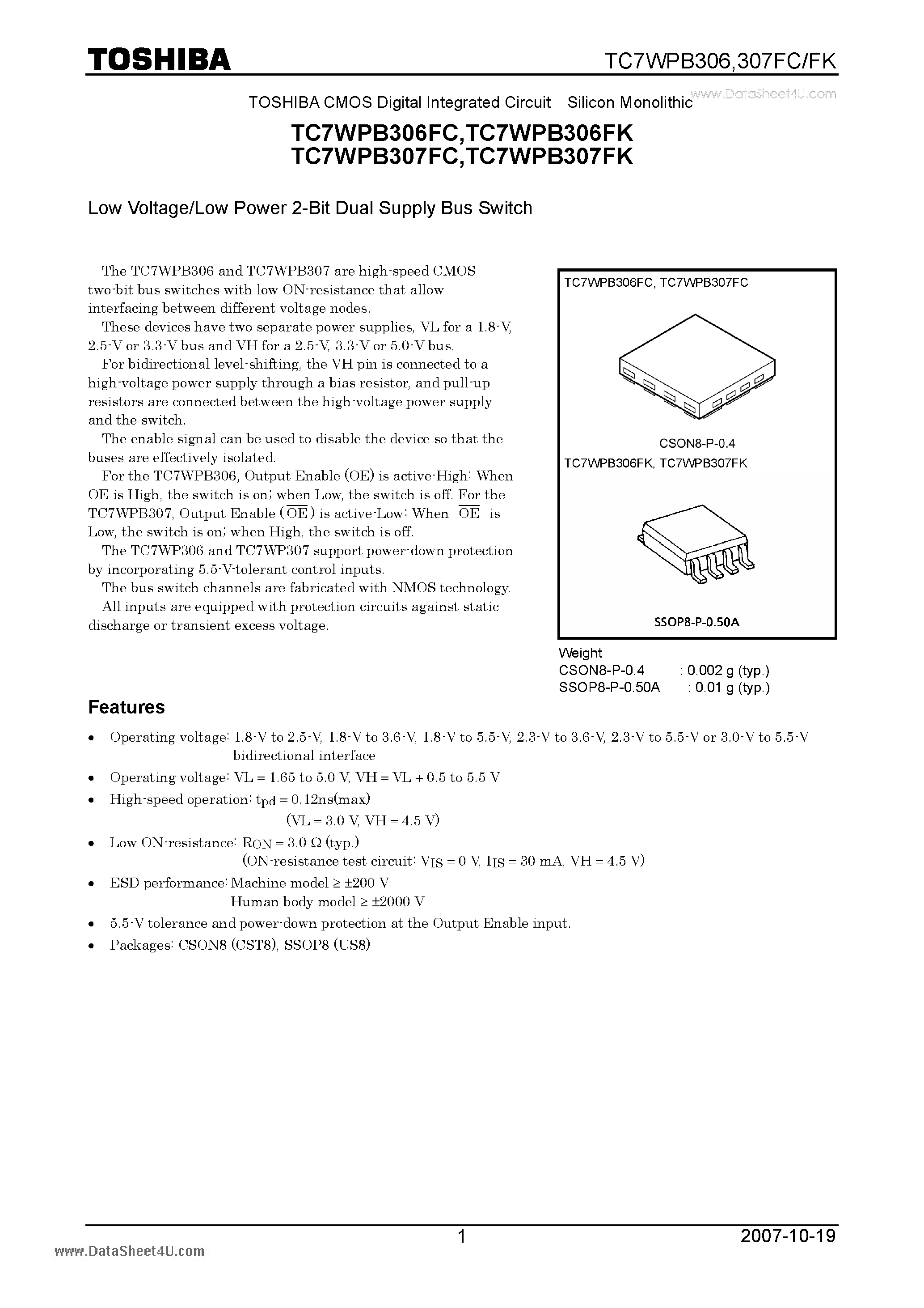 Datasheet TC7WPB306FC - CMOS Digital Integrated Circuit Silicon Monolithic Low Voltage/Low Power 2-Bit Dual Supply Bus Switch page 1