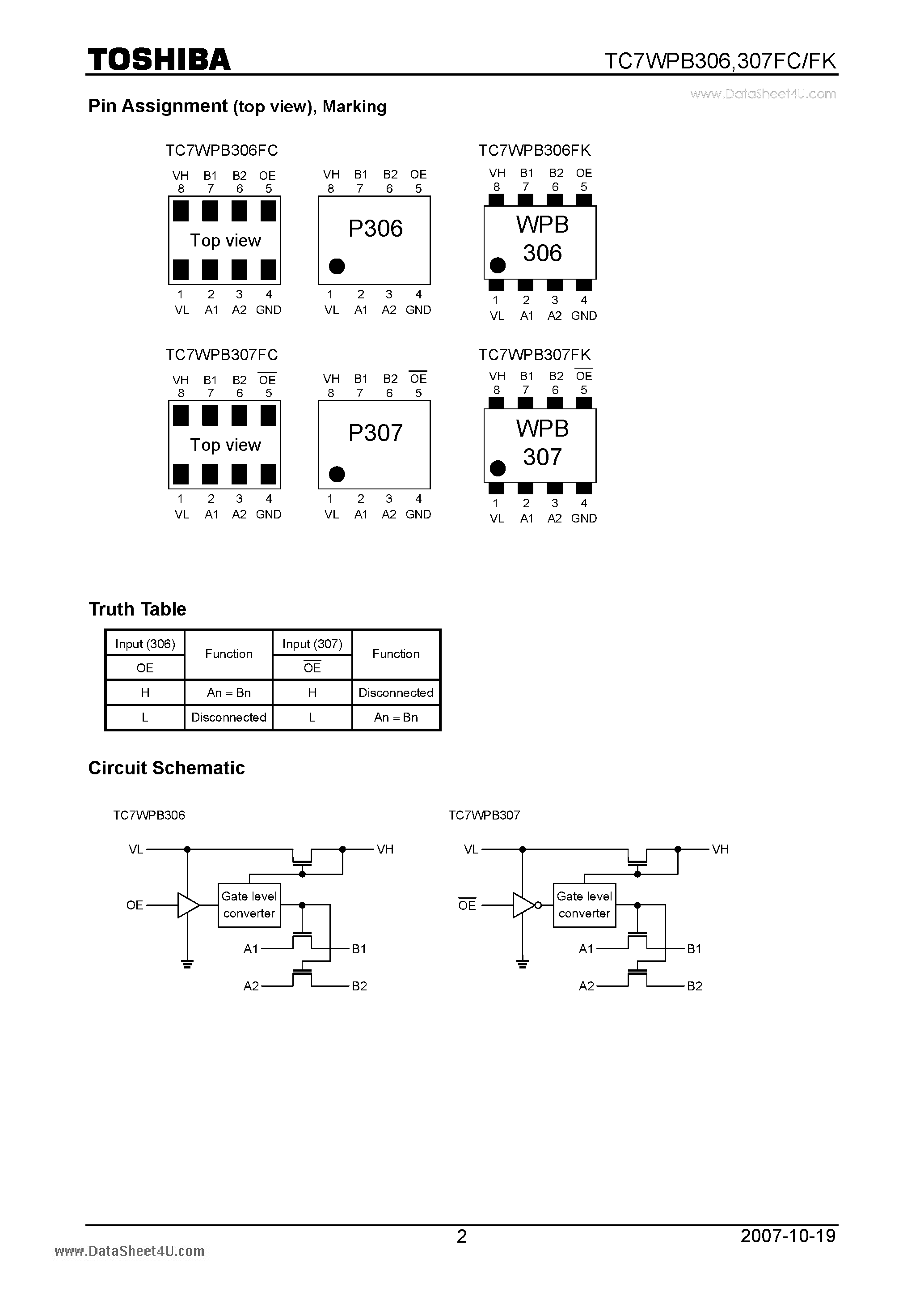 Datasheet TC7WPB306FC - CMOS Digital Integrated Circuit Silicon Monolithic Low Voltage/Low Power 2-Bit Dual Supply Bus Switch page 2