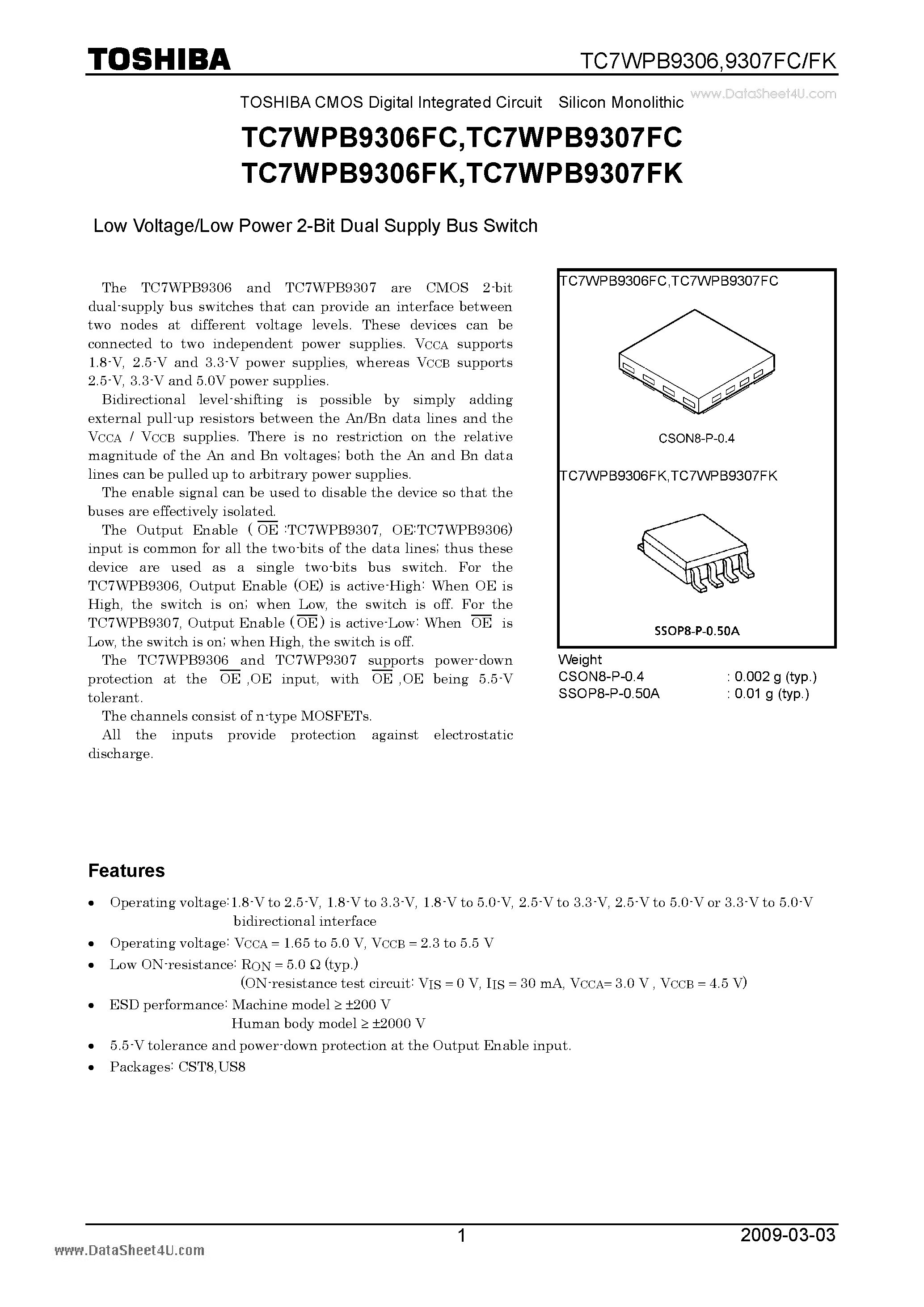 Datasheet TC7WPB9306FC - Low Voltage/Low Power 2-Bit Dual Supply Bus Switch page 1