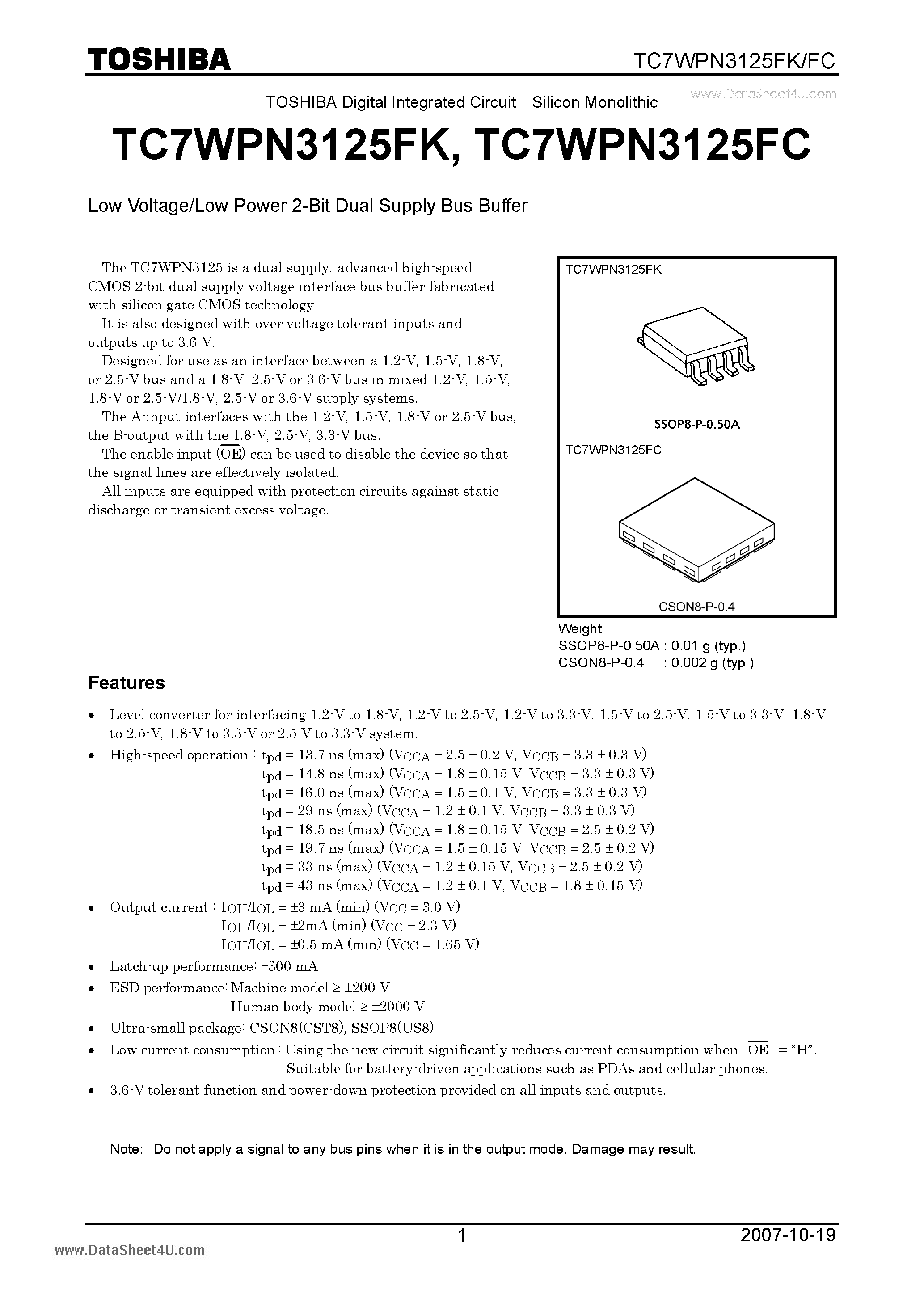 Datasheet TC7WPN3125FC - Digital Integrated Circuit Silicon Monolithic Low Voltage/Low Power 2-Bit Dual Supply Bus Buffer page 1