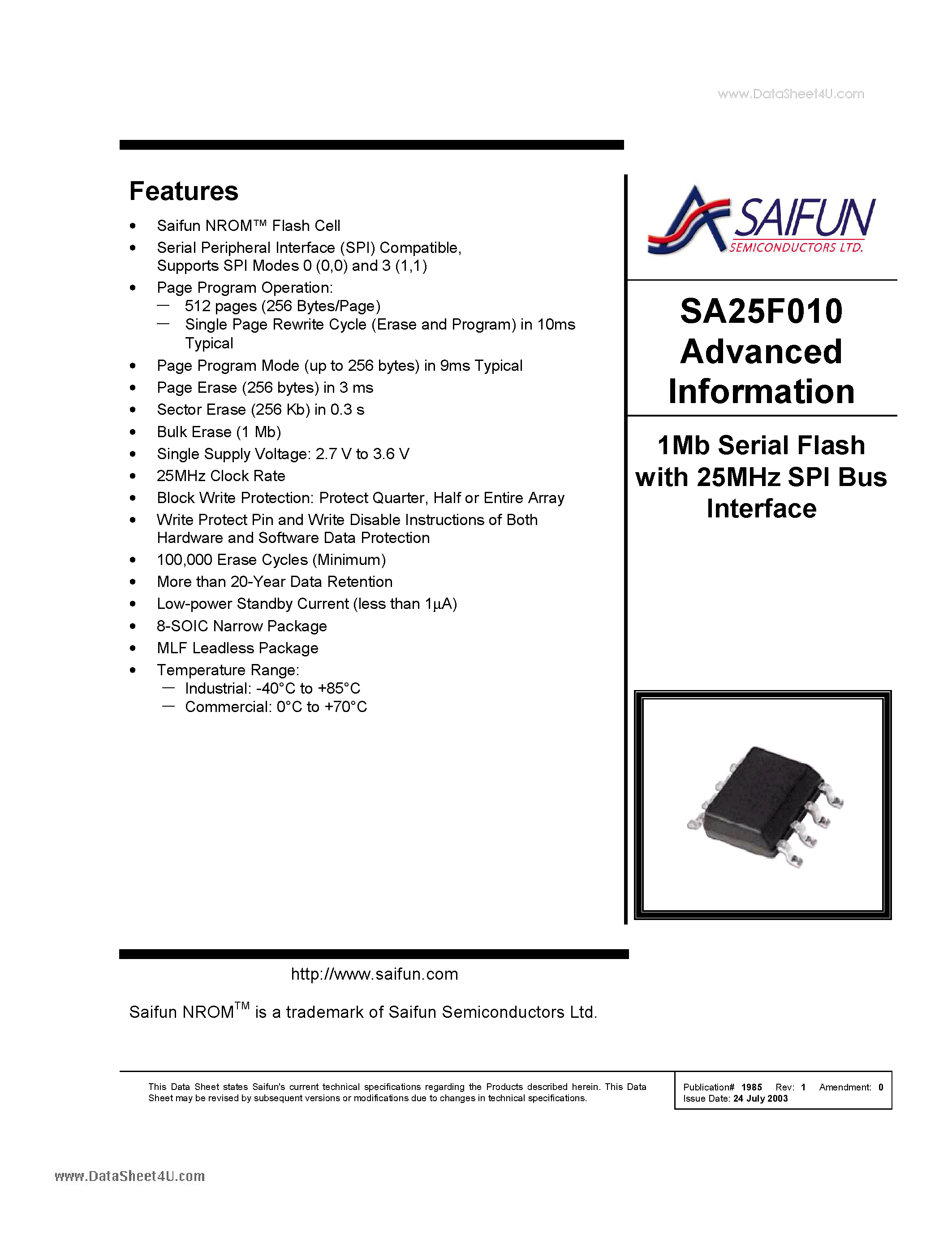 Datasheet SA25F010 - 1Mb Serial Flash page 1
