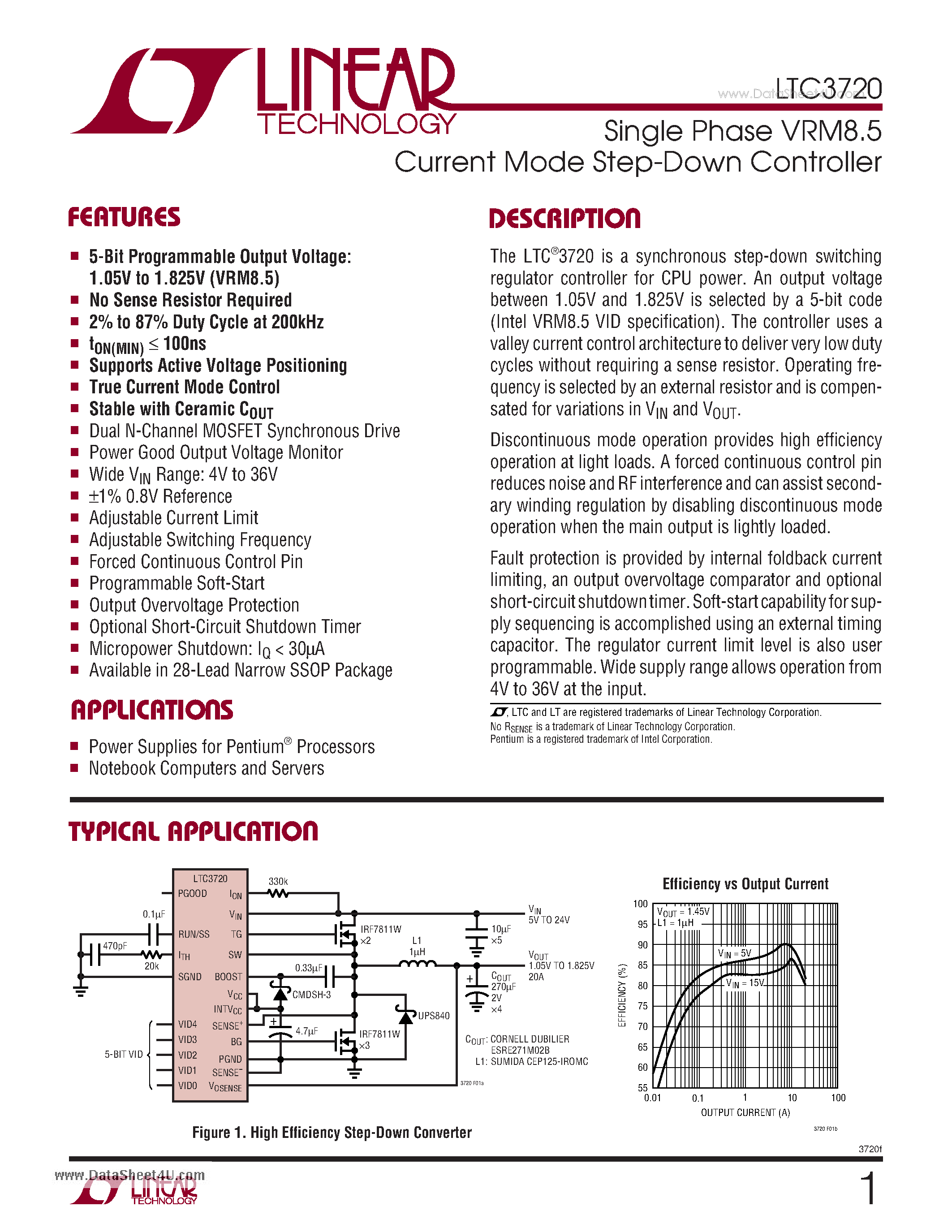 Datasheet LTC3720 - Single Phase VRM8.5 Current Mode Step-Down Controller page 1