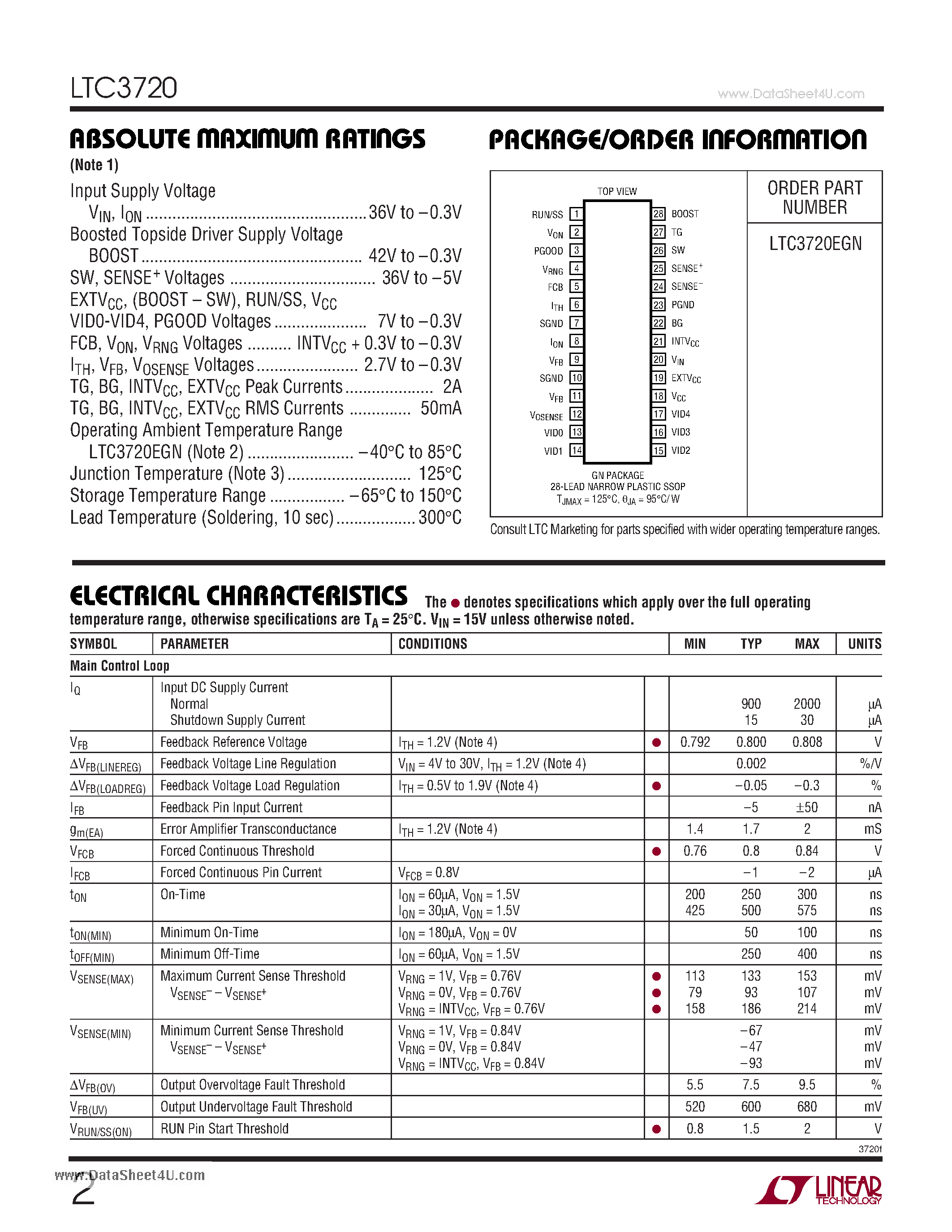 Datasheet LTC3720 - Single Phase VRM8.5 Current Mode Step-Down Controller page 2