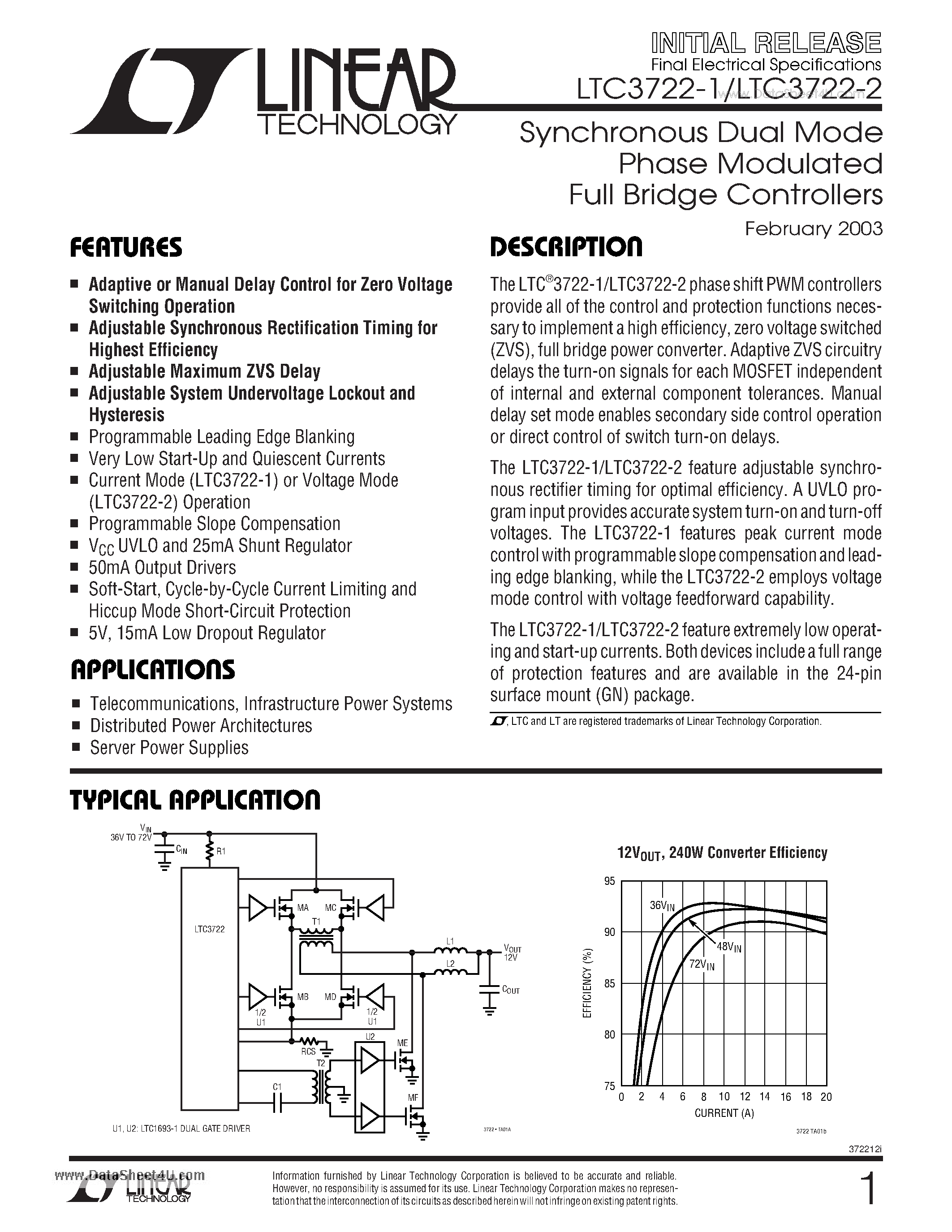 Datasheet LTC3722-1 - Synchronous Dual Mode Phase Modulated Full Bridge Controllers page 1