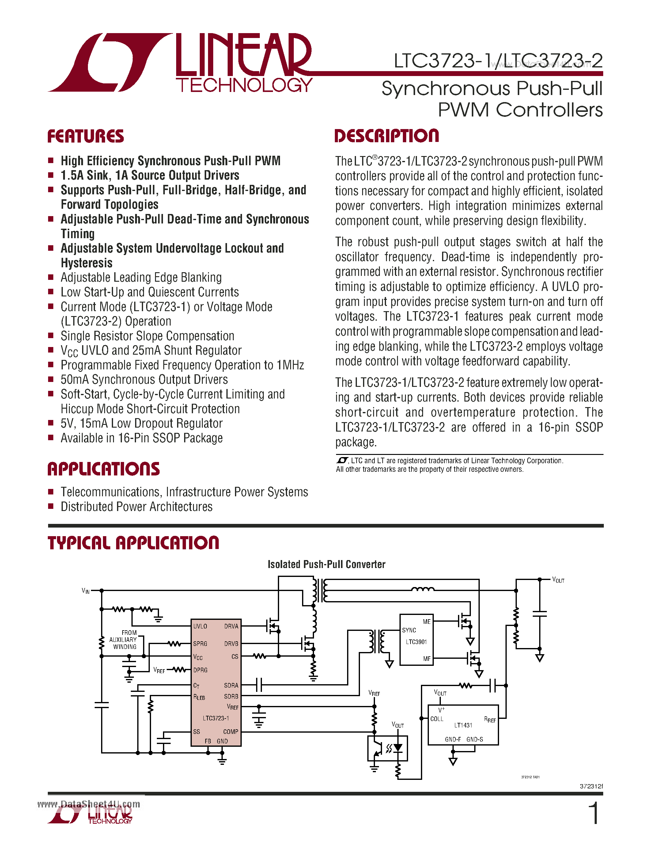 Datasheet LTC3723-1 - Synchronous Push-Pull PWM Controllers page 1