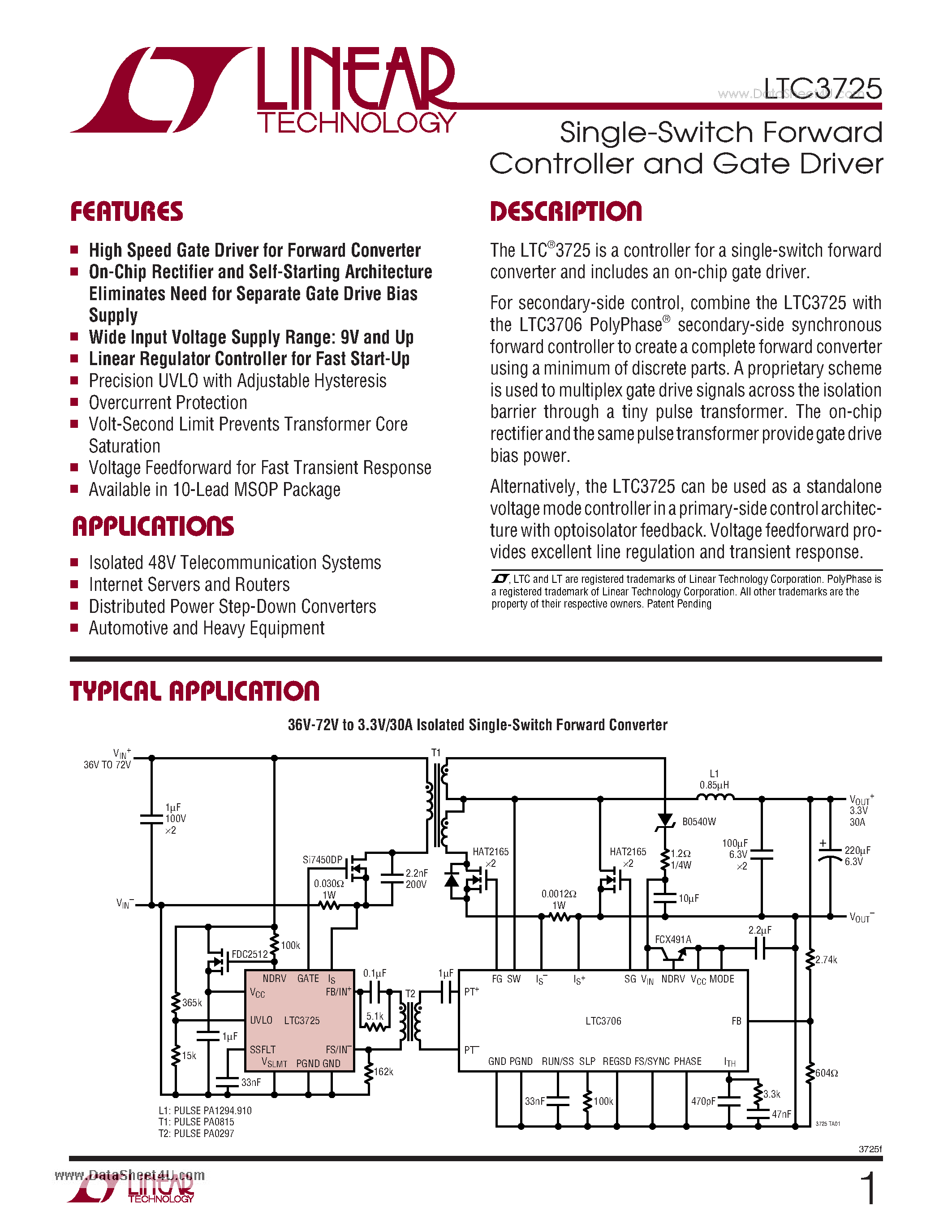 Datasheet LTC3725 page 1 Datasheet LTC3725 - Single-Switch Forward Controller and Gate Driver page 1