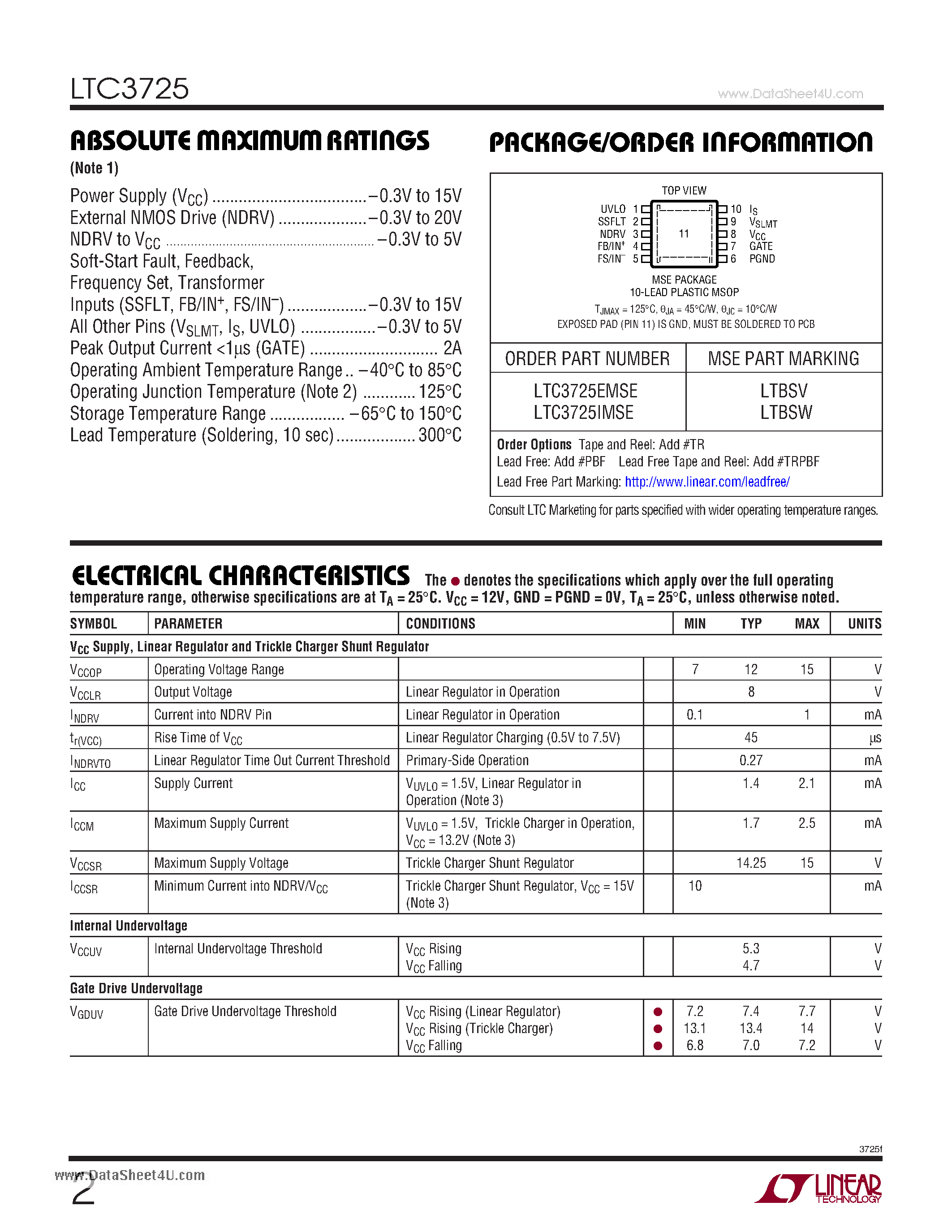 Datasheet LTC3725 page 2 Datasheet LTC3725 - Single-Switch Forward Controller and Gate Driver page 2