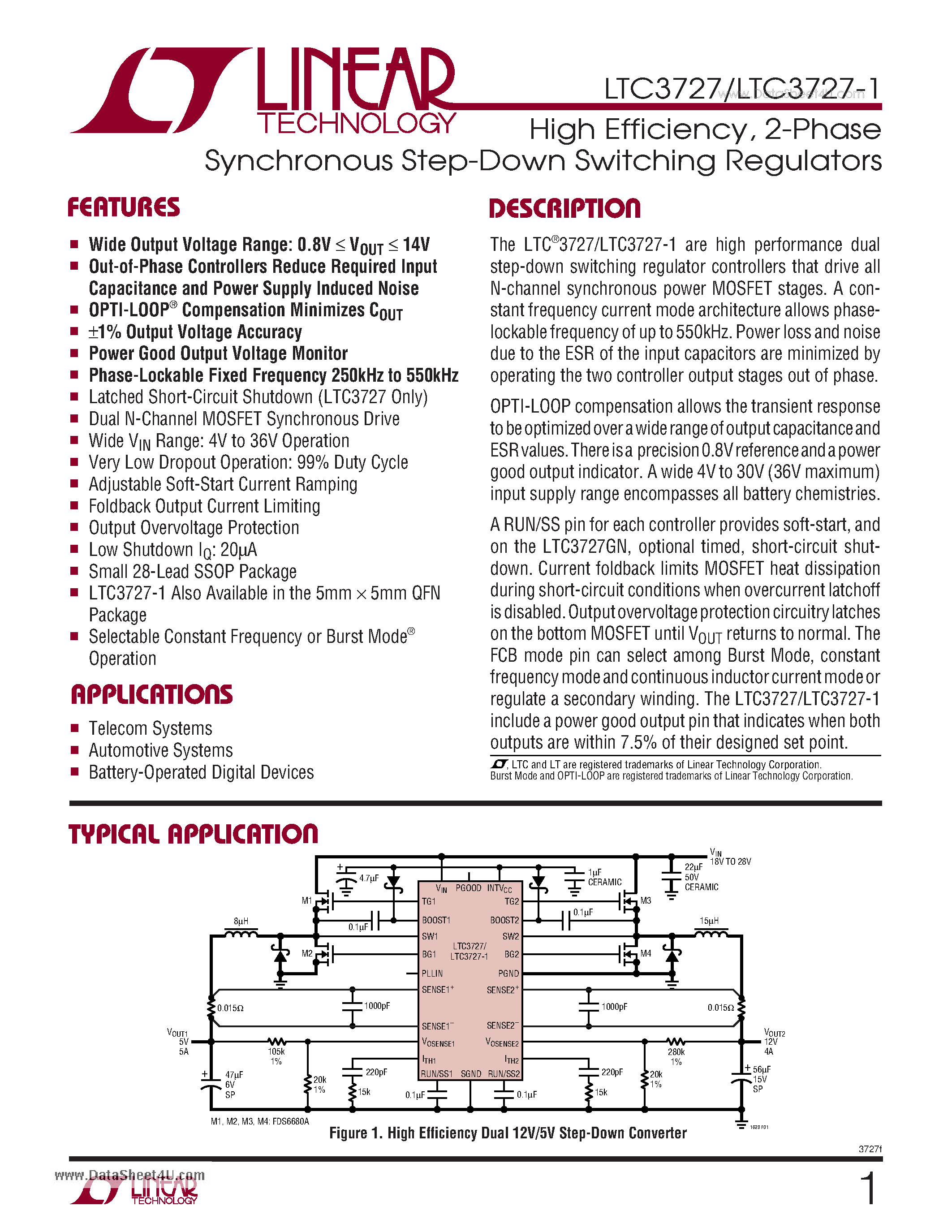 Даташит LTC3727 - 2-Phase Synchronous Step-Down Switching Regulators страница 1