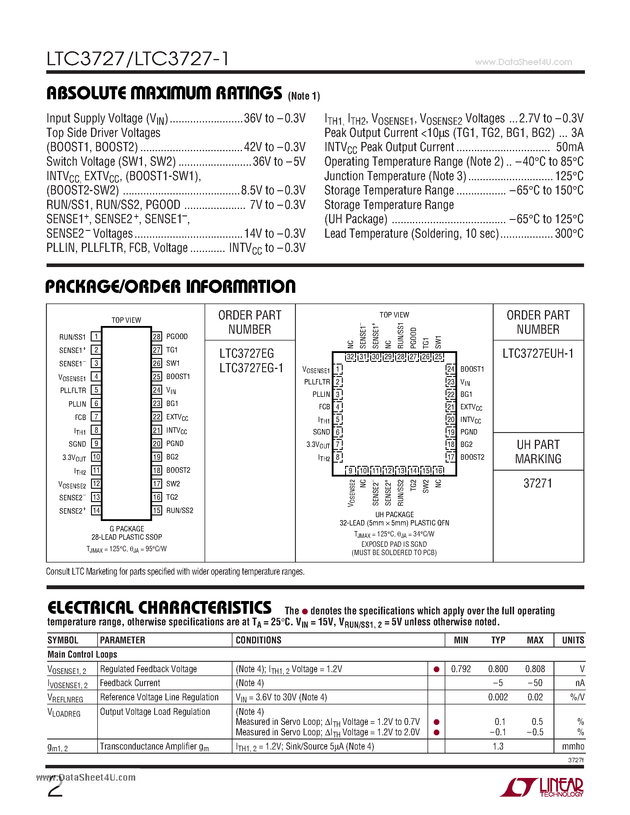 Даташит LTC3727 - 2-Phase Synchronous Step-Down Switching Regulators страница 2