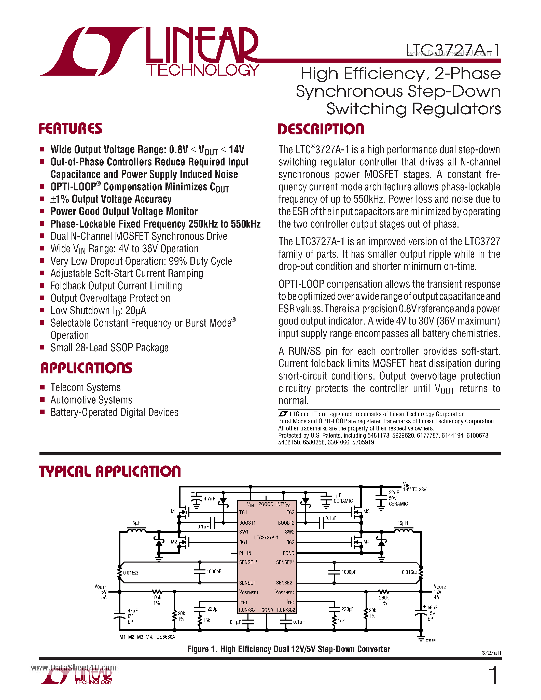 Даташит LTC3727A-1 - 2-Phase Synchronous Step-Down Switching Regulators страница 1