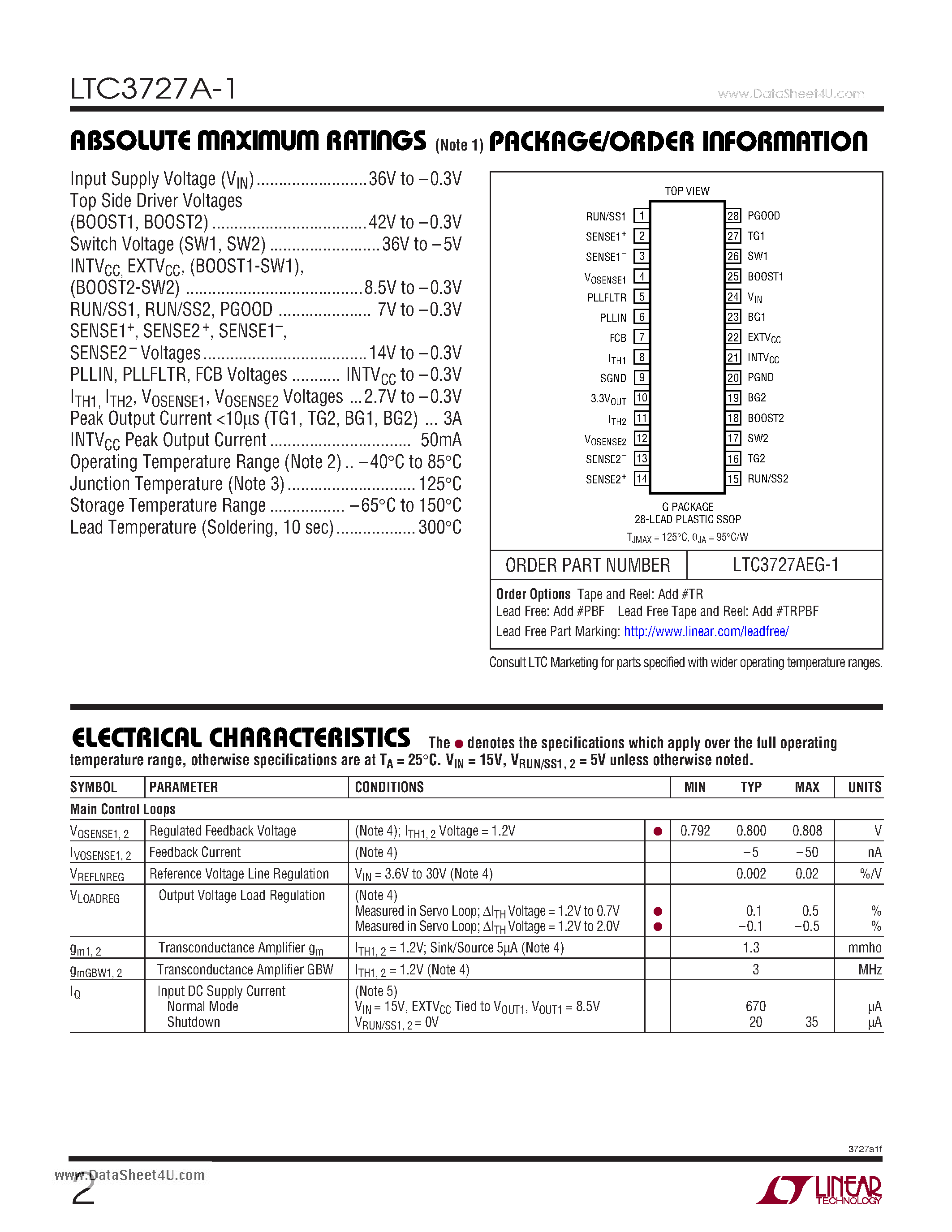 Даташит LTC3727A-1 - 2-Phase Synchronous Step-Down Switching Regulators страница 2