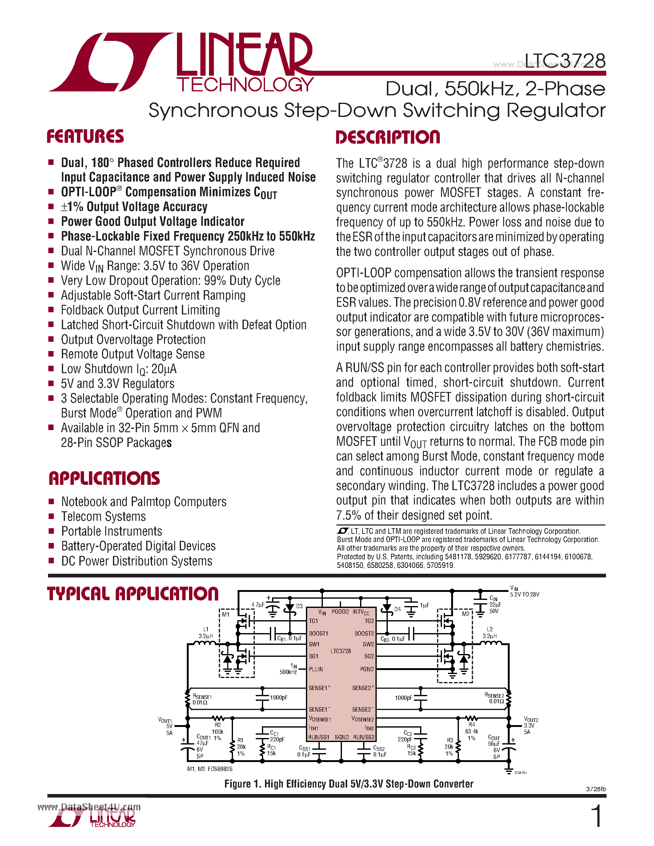 Даташит LTC3728 - 2-Phase Synchronous Step-Down Switching Regulator страница 1