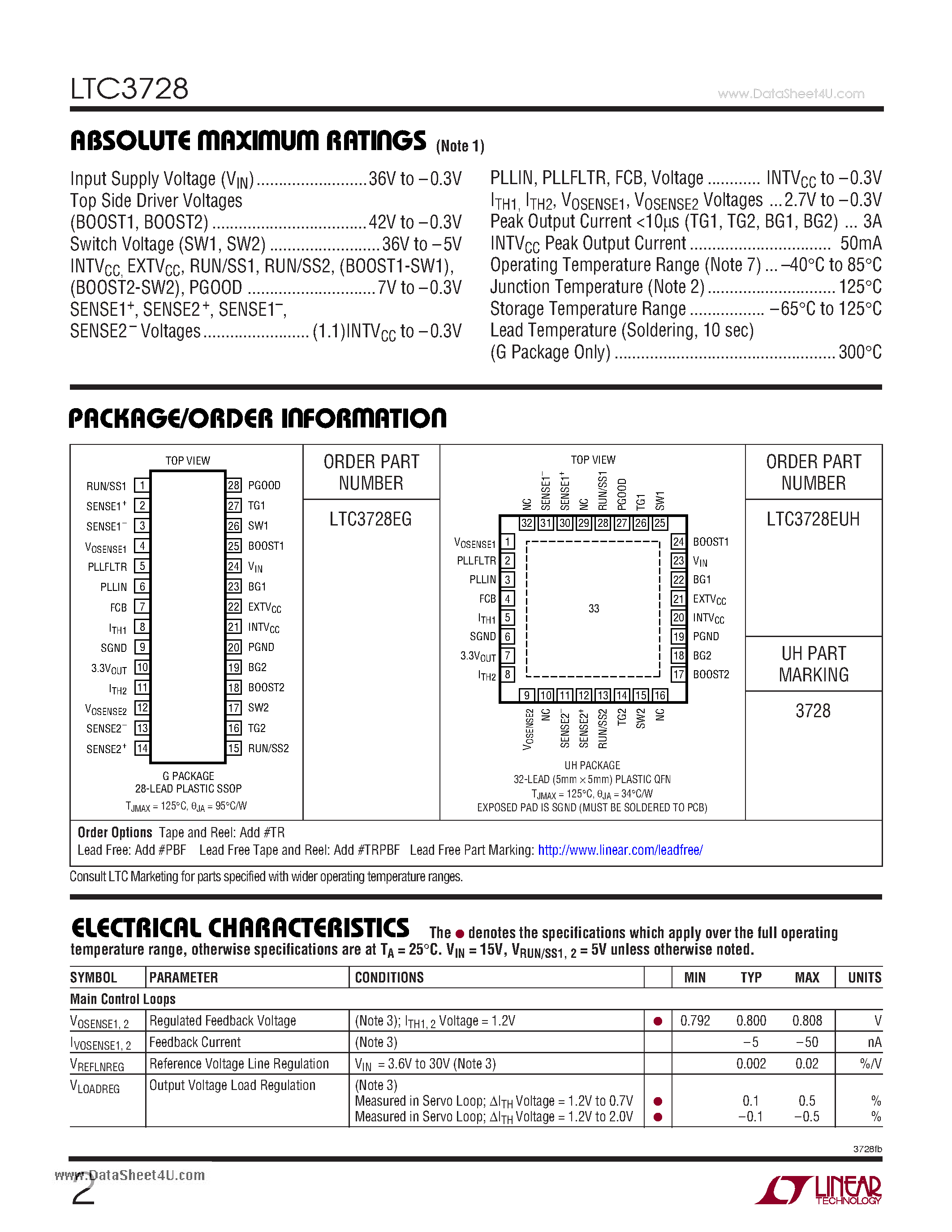 Даташит LTC3728 - 2-Phase Synchronous Step-Down Switching Regulator страница 2