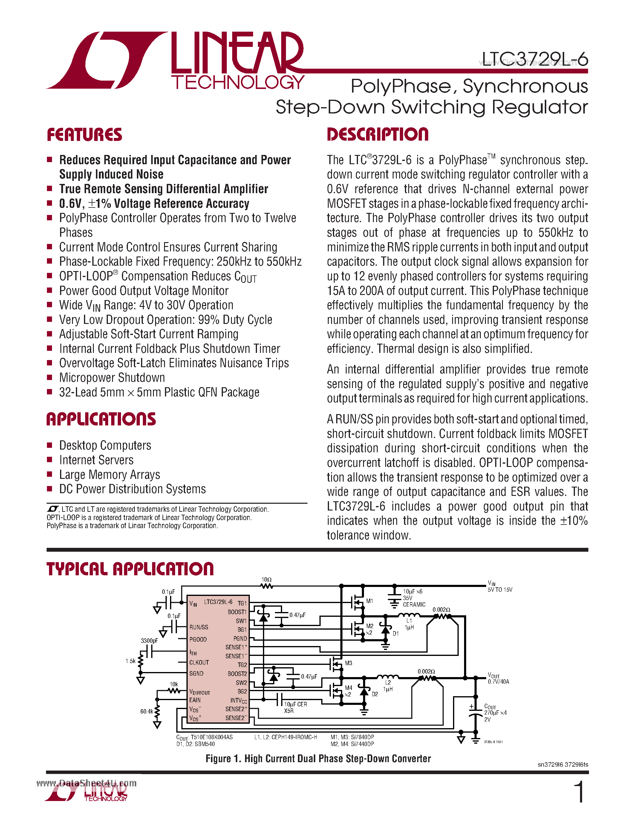 Datasheet LTC3729L-6 page 1 Datasheet LTC3729L-6 - Synchronous Step-Down Switching Regulator page 1