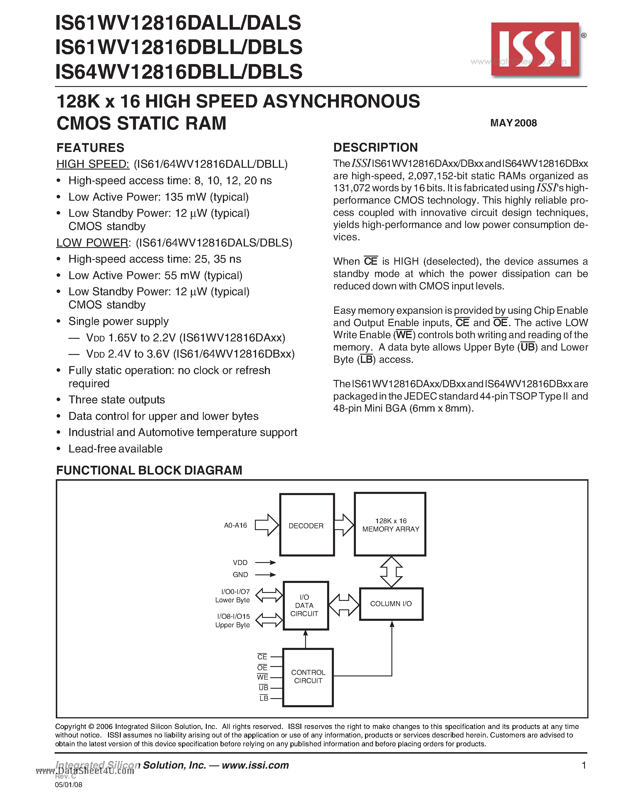 Даташит IS61WV12816DALL - 128K x 16 HIGH SPEED ASYNCHRONOUS CMOS STATIC RAM страница 1
