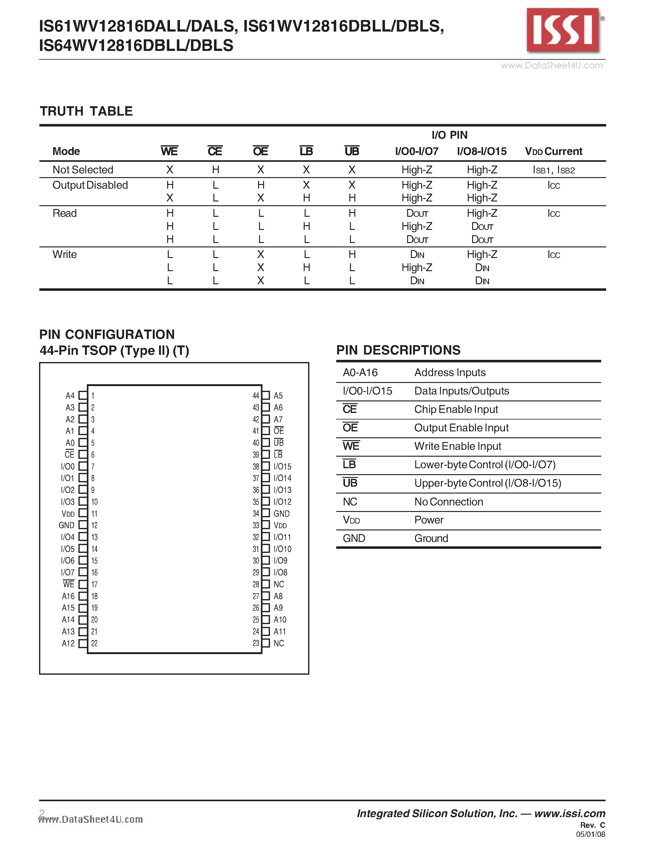 Даташит IS61WV12816DALL - 128K x 16 HIGH SPEED ASYNCHRONOUS CMOS STATIC RAM страница 2