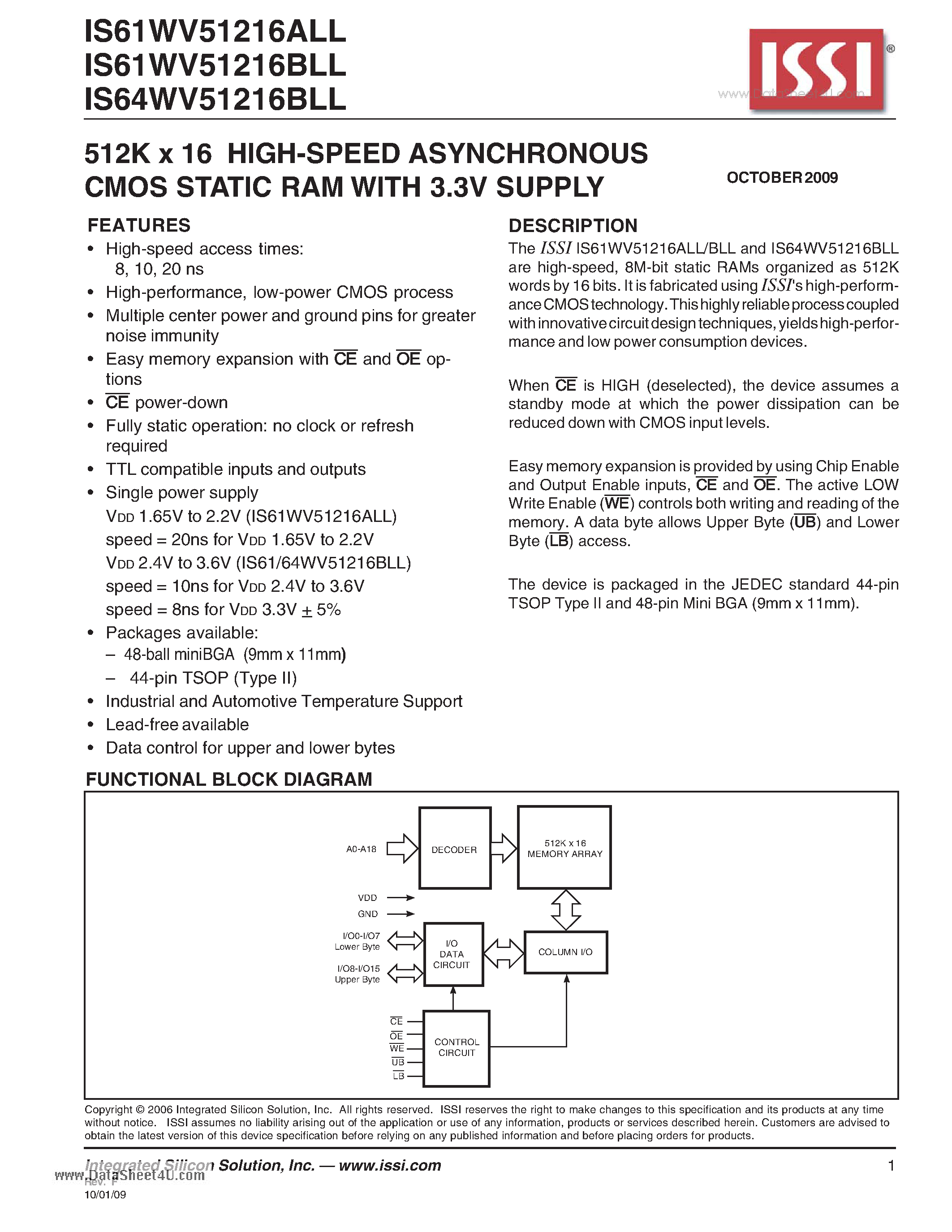 Даташит IS61WV51216ALL - 512K x 16 HIGH-SPEED ASYNCHRONOUS CMOS STATIC RAM страница 1