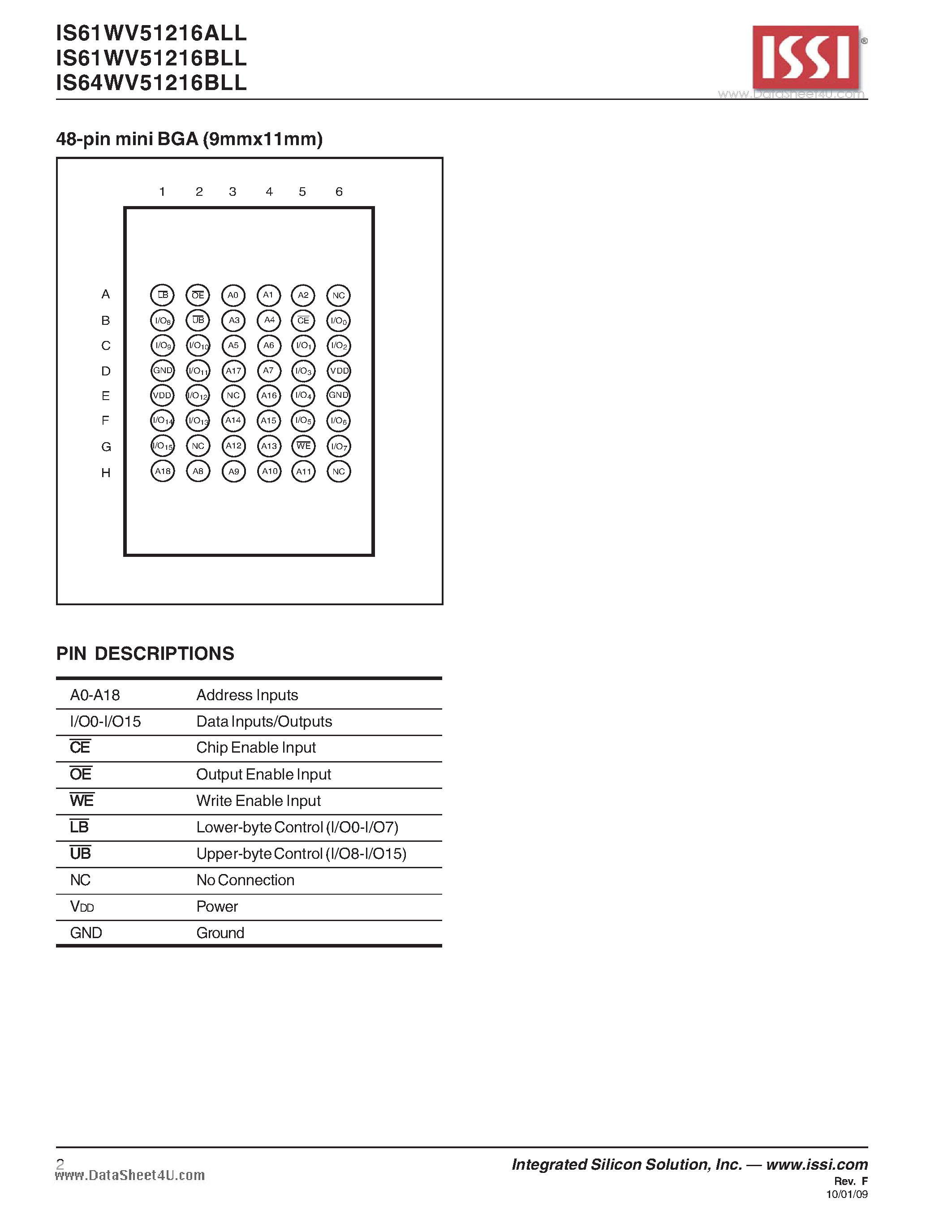 Даташит IS61WV51216ALL - 512K x 16 HIGH-SPEED ASYNCHRONOUS CMOS STATIC RAM страница 2