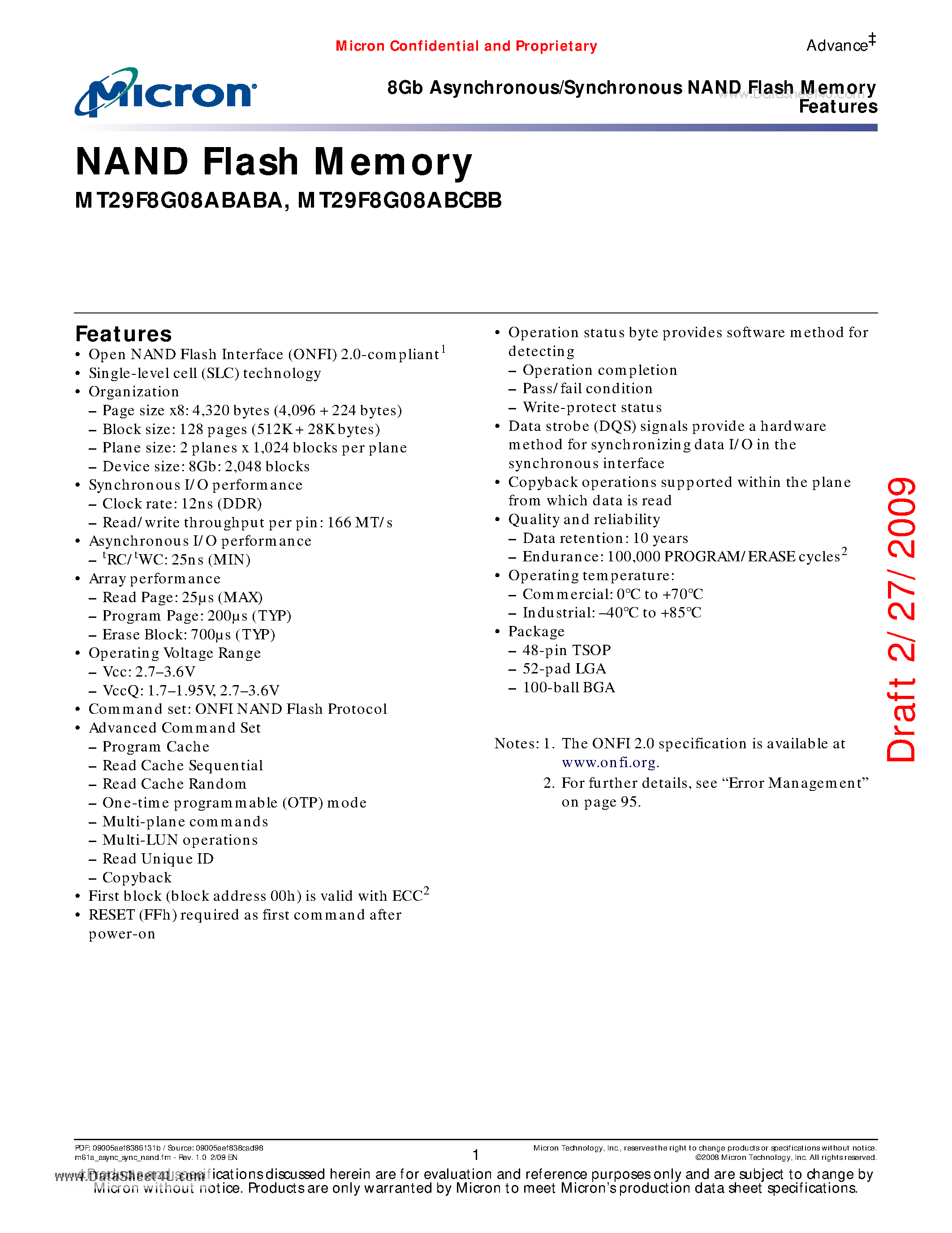 Datasheet MT29F8G08ABABA page 1 Datasheet MT29F8G08ABABA - NAND Flash Memory page 1