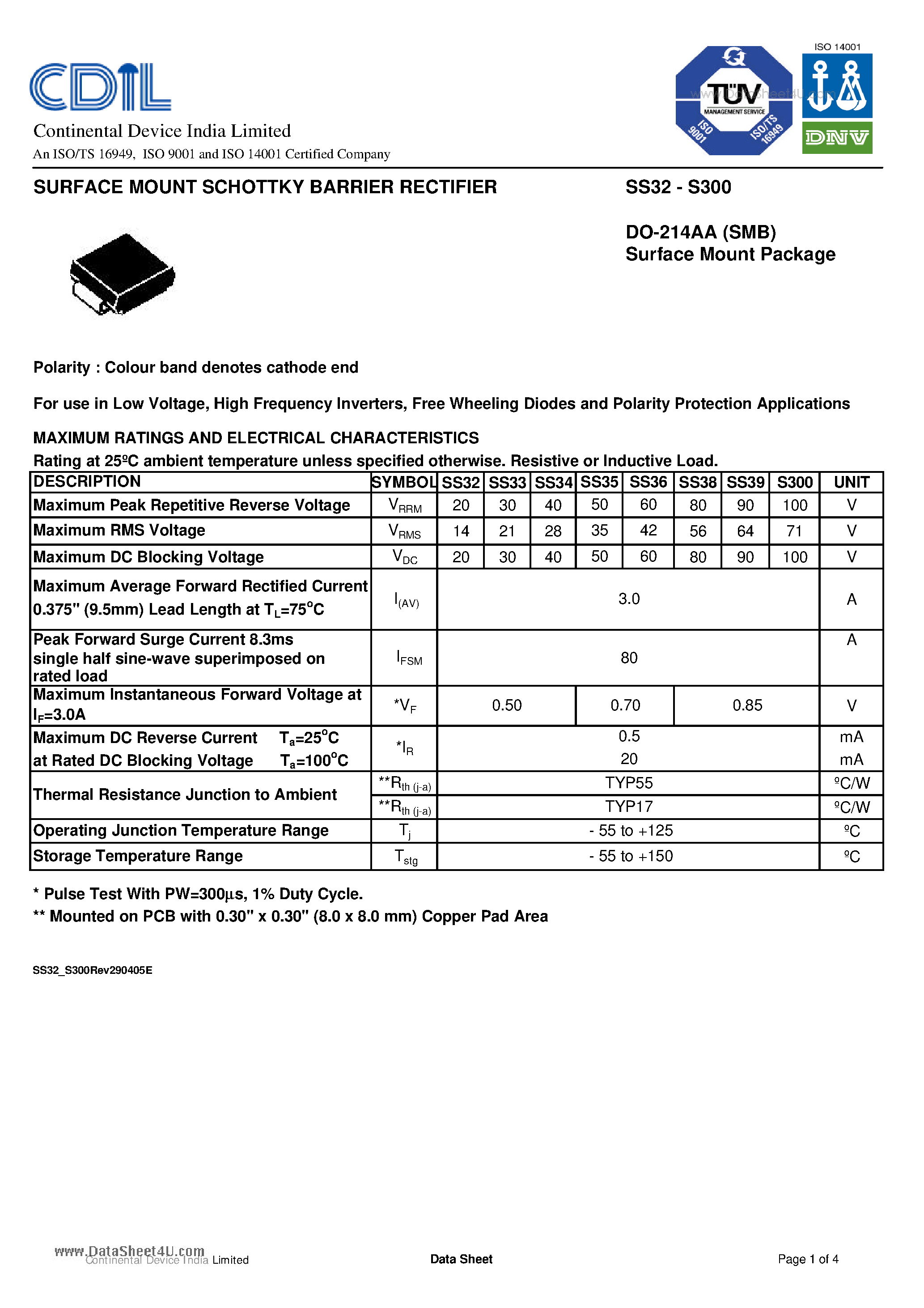 Datasheet S300 - SURFACE MOUNT SCHOTTKY BARRIER RECTIFIER page 1