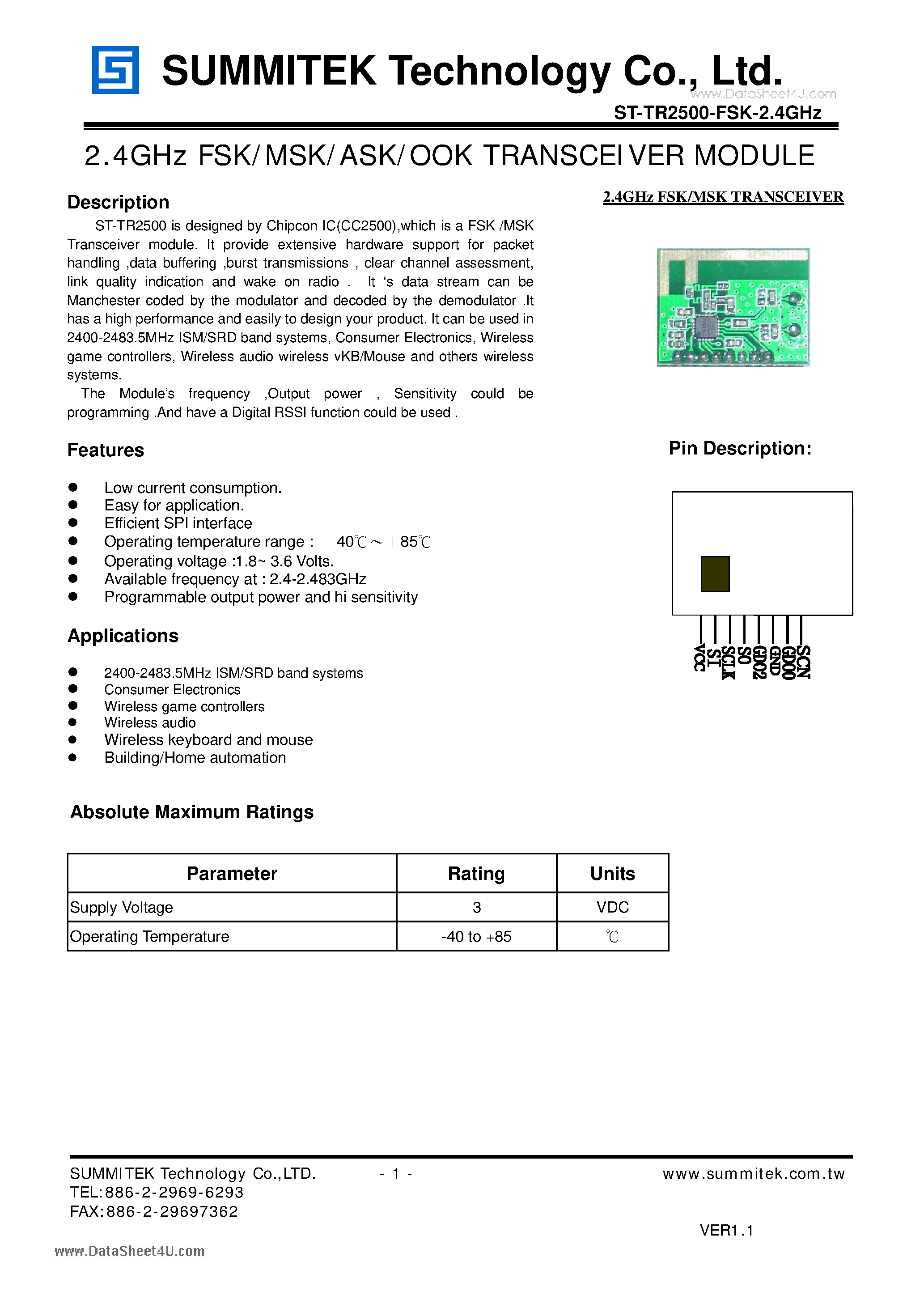 Datasheet ST-TR2500-FSK-2.4GHz - 2.4GHz FSK/MSK/ASK/OOK TRANSCEIVER MODULE page 1