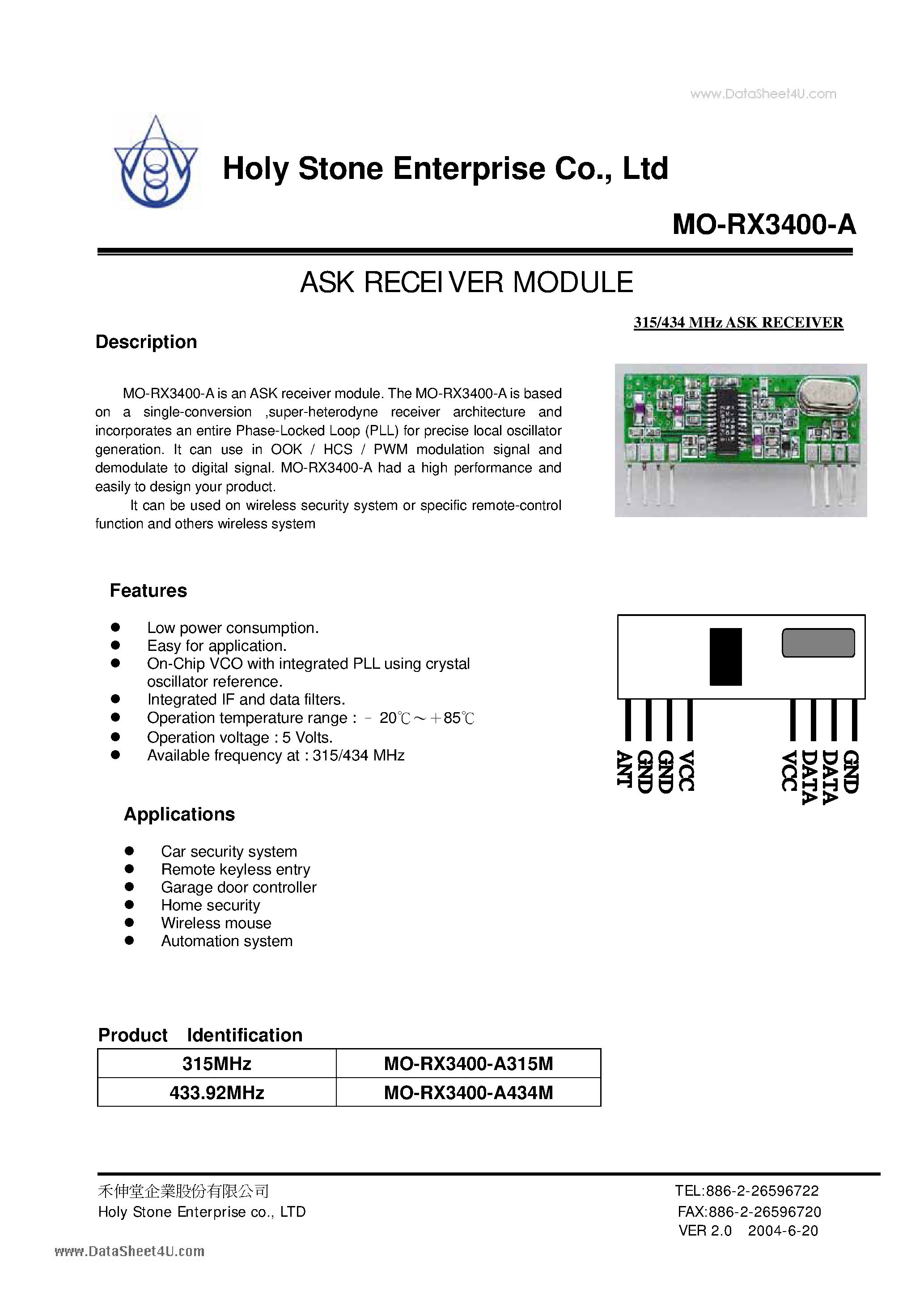 Datasheet MO-RX3400-A - ASK RECEIVER MODULE page 1