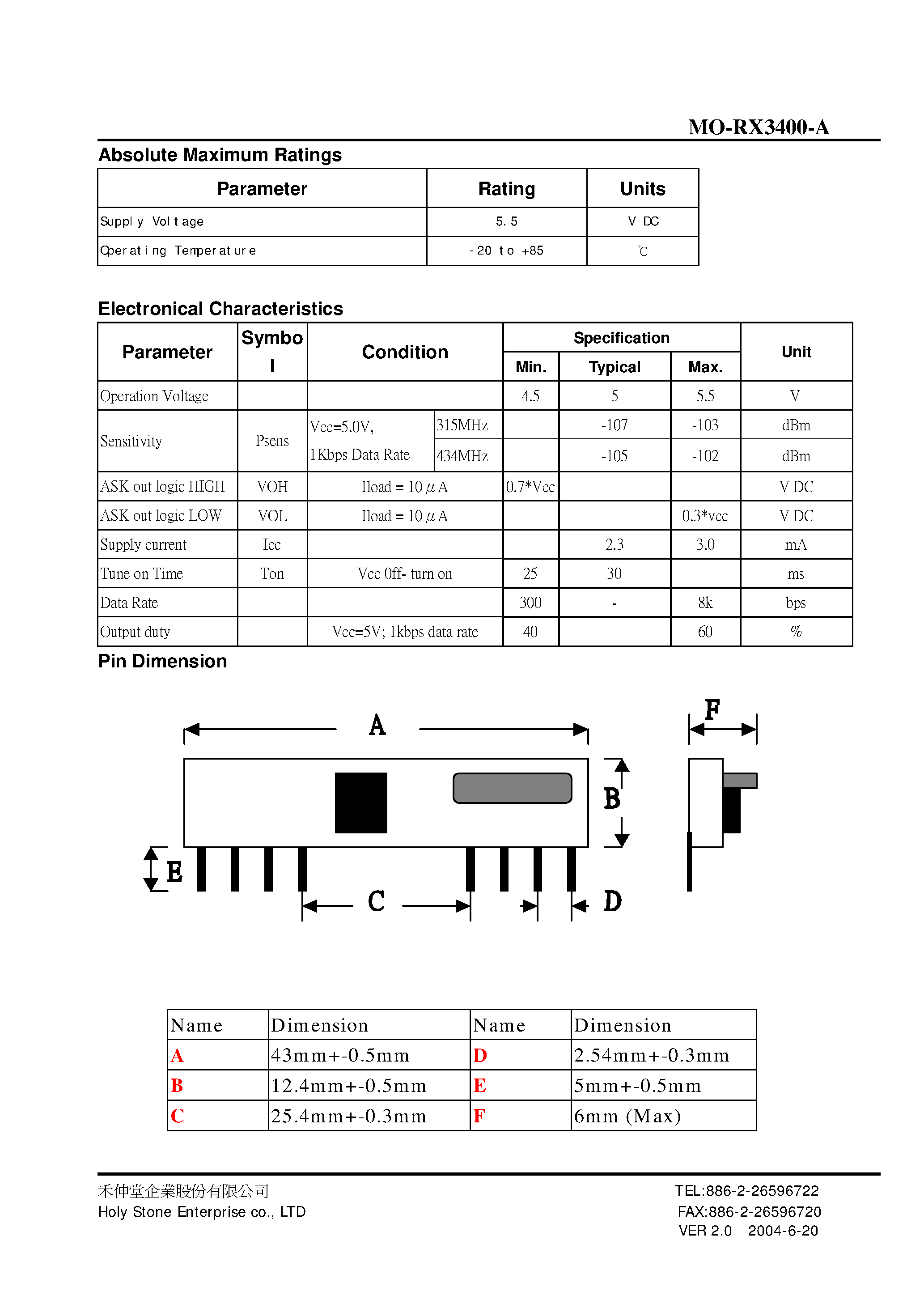 Datasheet MO-RX3400-A - ASK RECEIVER MODULE page 2
