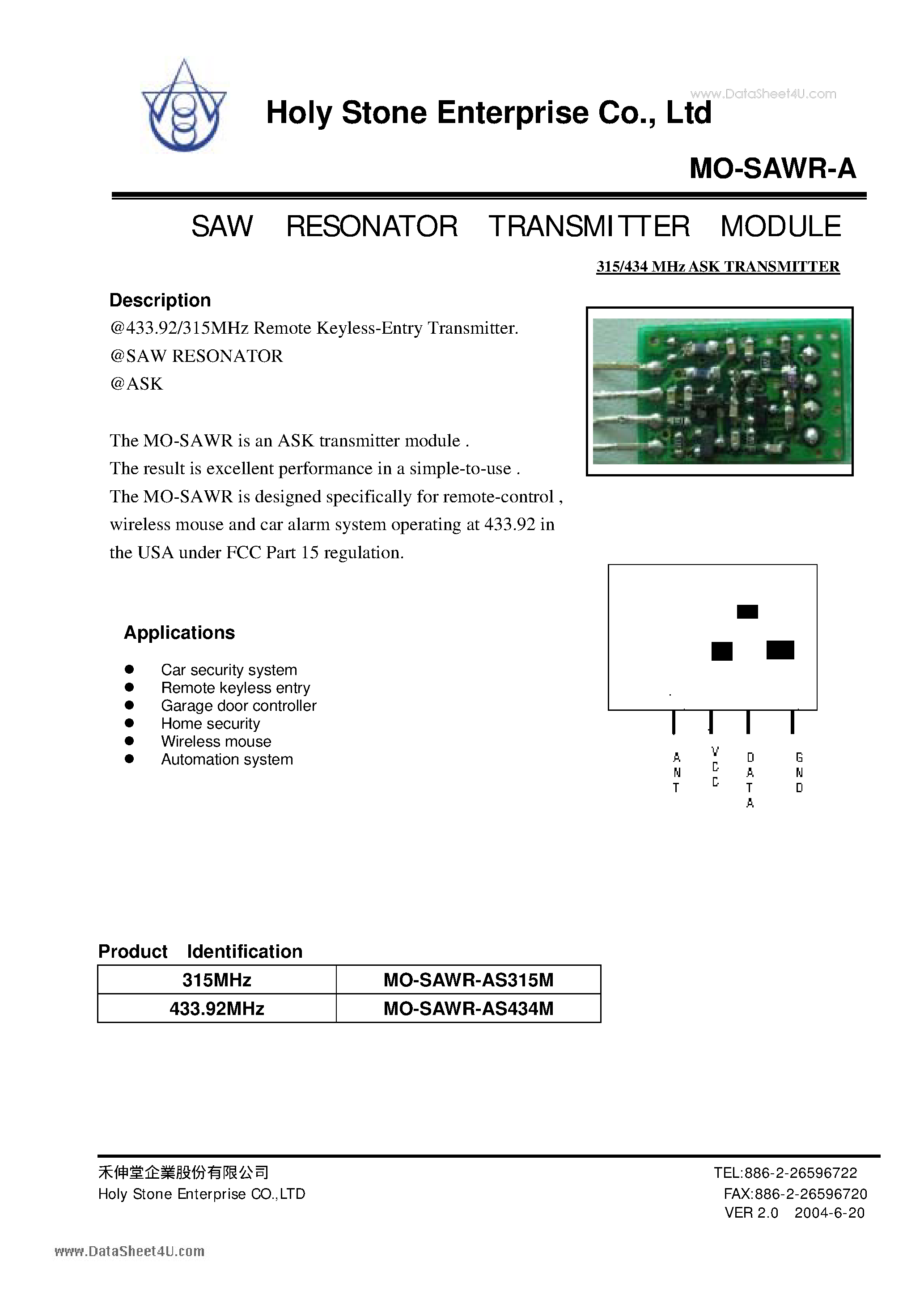 Datasheet MO-SAWR-A - SAW RESONATOR TRANSMITTER MODULE page 1