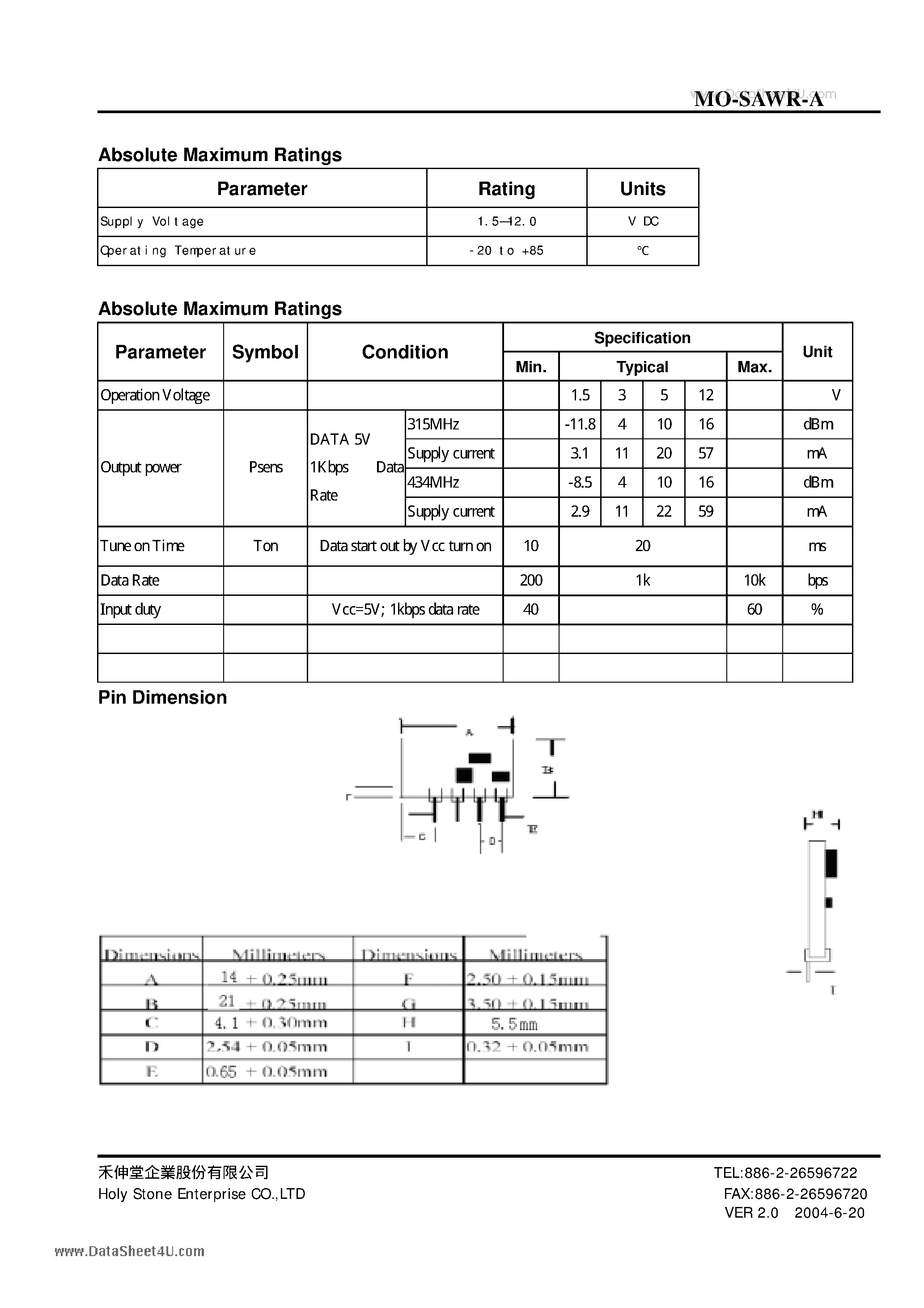 Datasheet MO-SAWR-A - SAW RESONATOR TRANSMITTER MODULE page 2