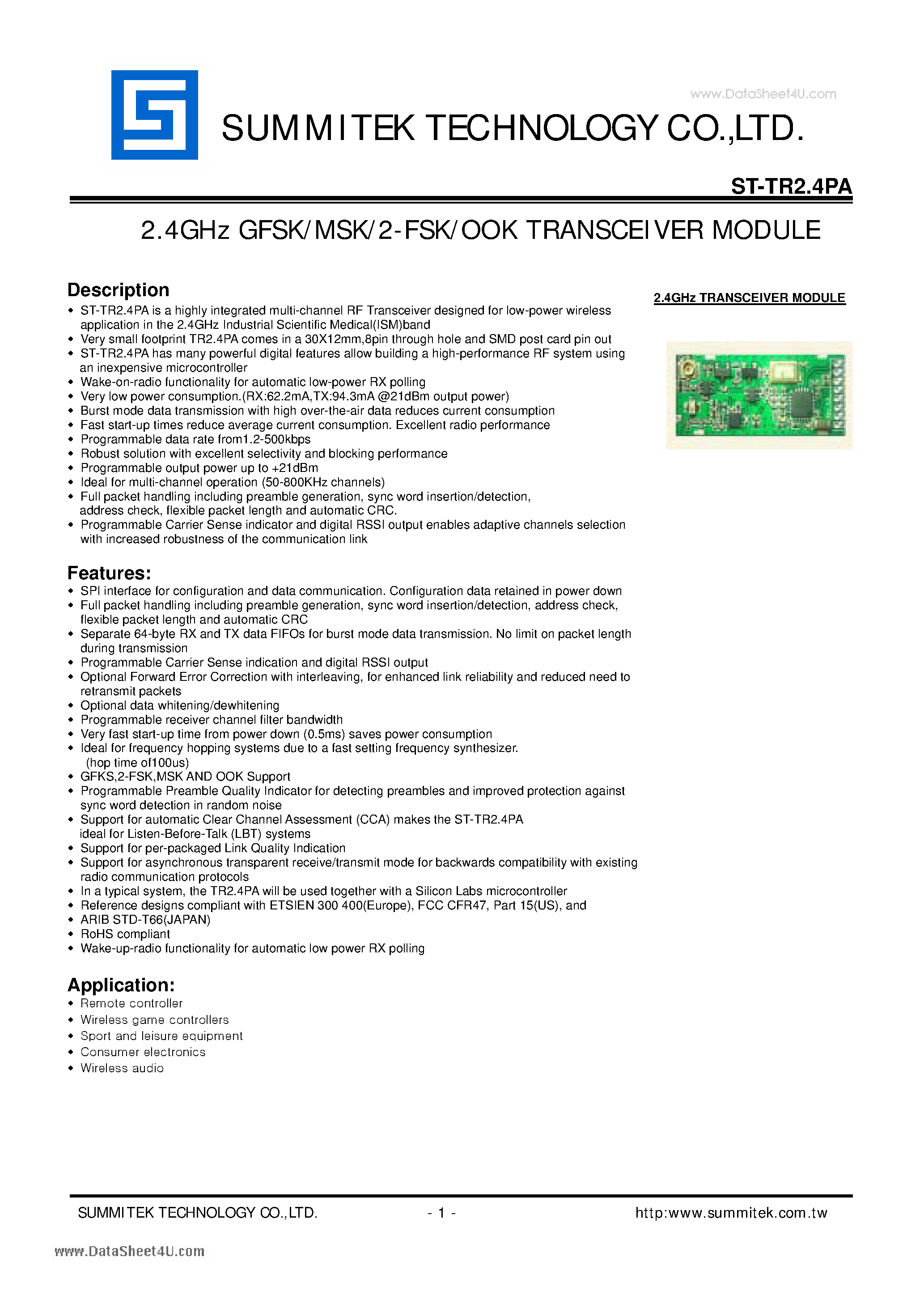 Datasheet ST-TR2.4PA page 1 Datasheet ST-TR2.4PA - 2.4GHz GFSK/MSK/2-FSK/OOK TRANSCEIVER MODULE page 1