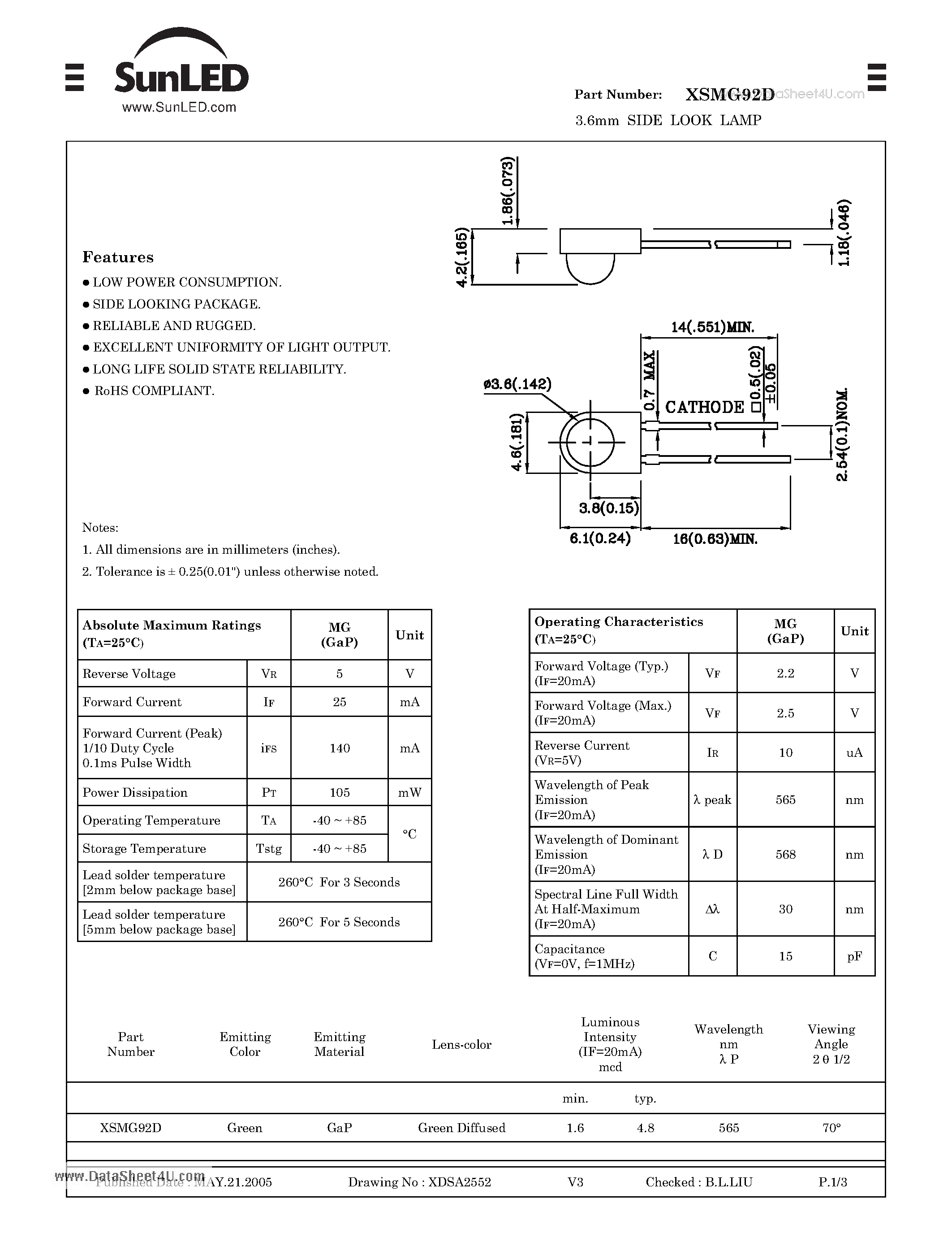 Datasheet XSMG92D - 3.6 mm SIDE LOOK LAMP page 1