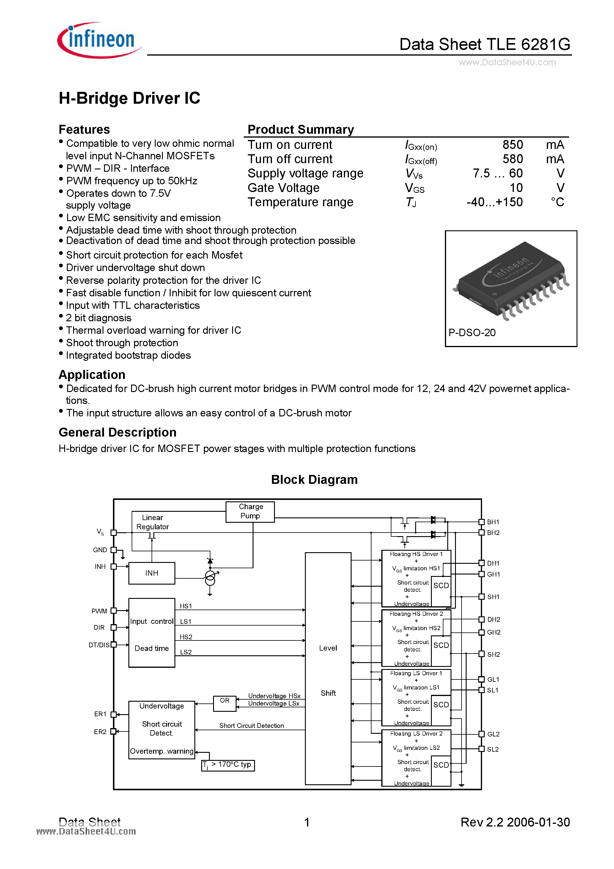 Даташит на микросхему TLE6281G страница 1 Даташит TLE6281G - H-Bridge Driver IC страница 1