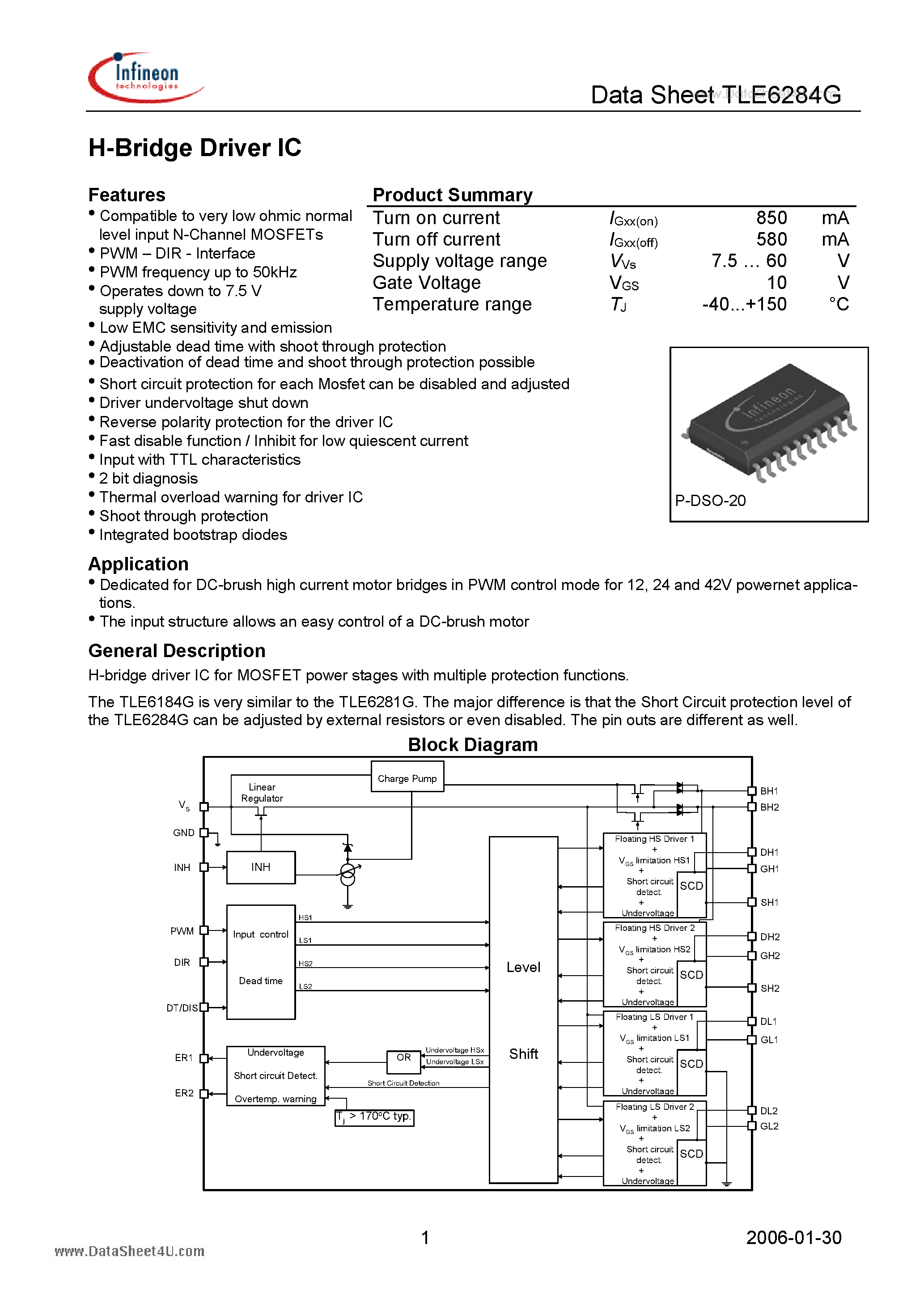 Datasheet TLE6284G page 1 Datasheet TLE6284G - H-Bridge Driver IC page 1