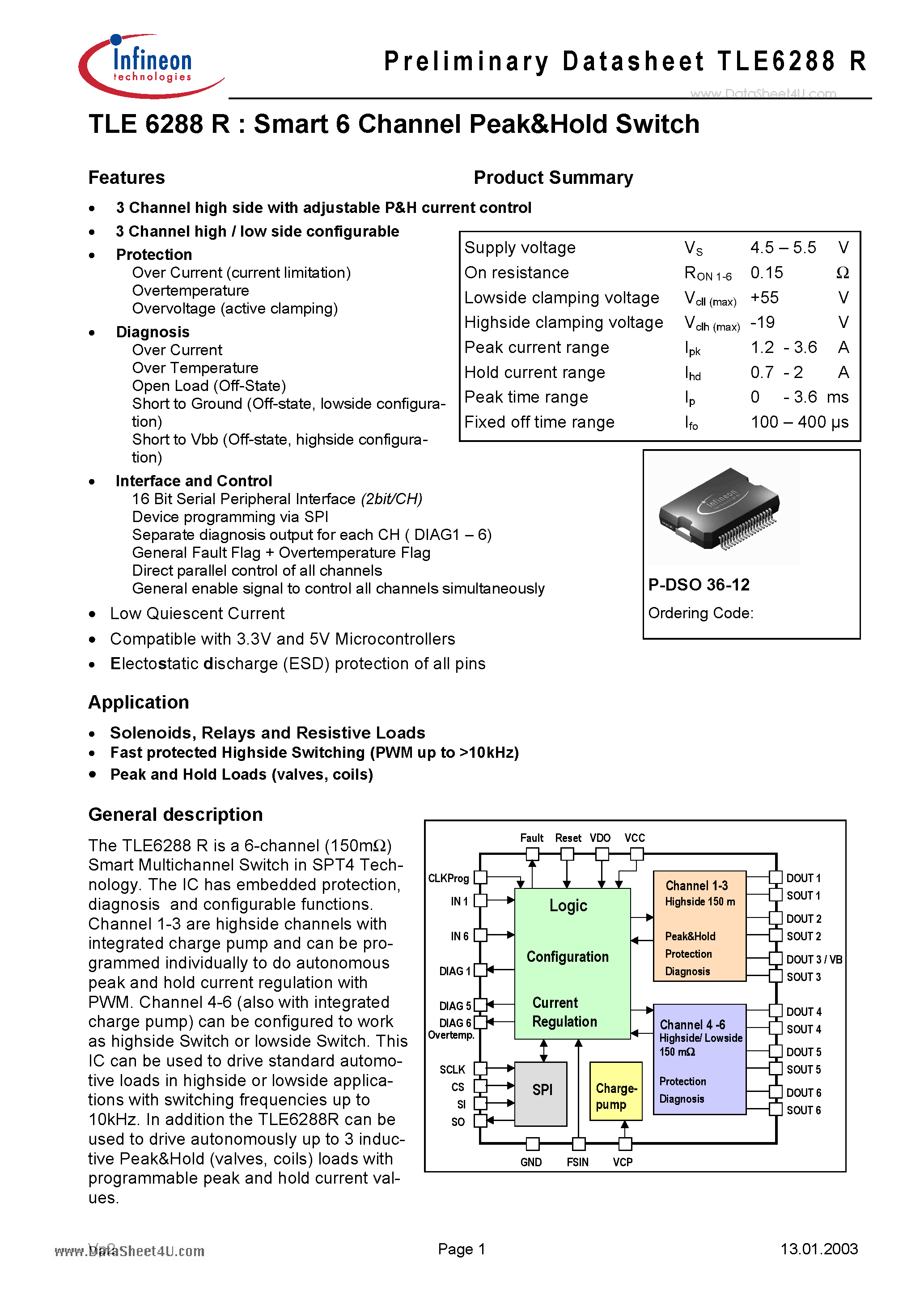 Datasheet TLE6288R - Smart 6 Channel Peak&Hold Switch page 1
