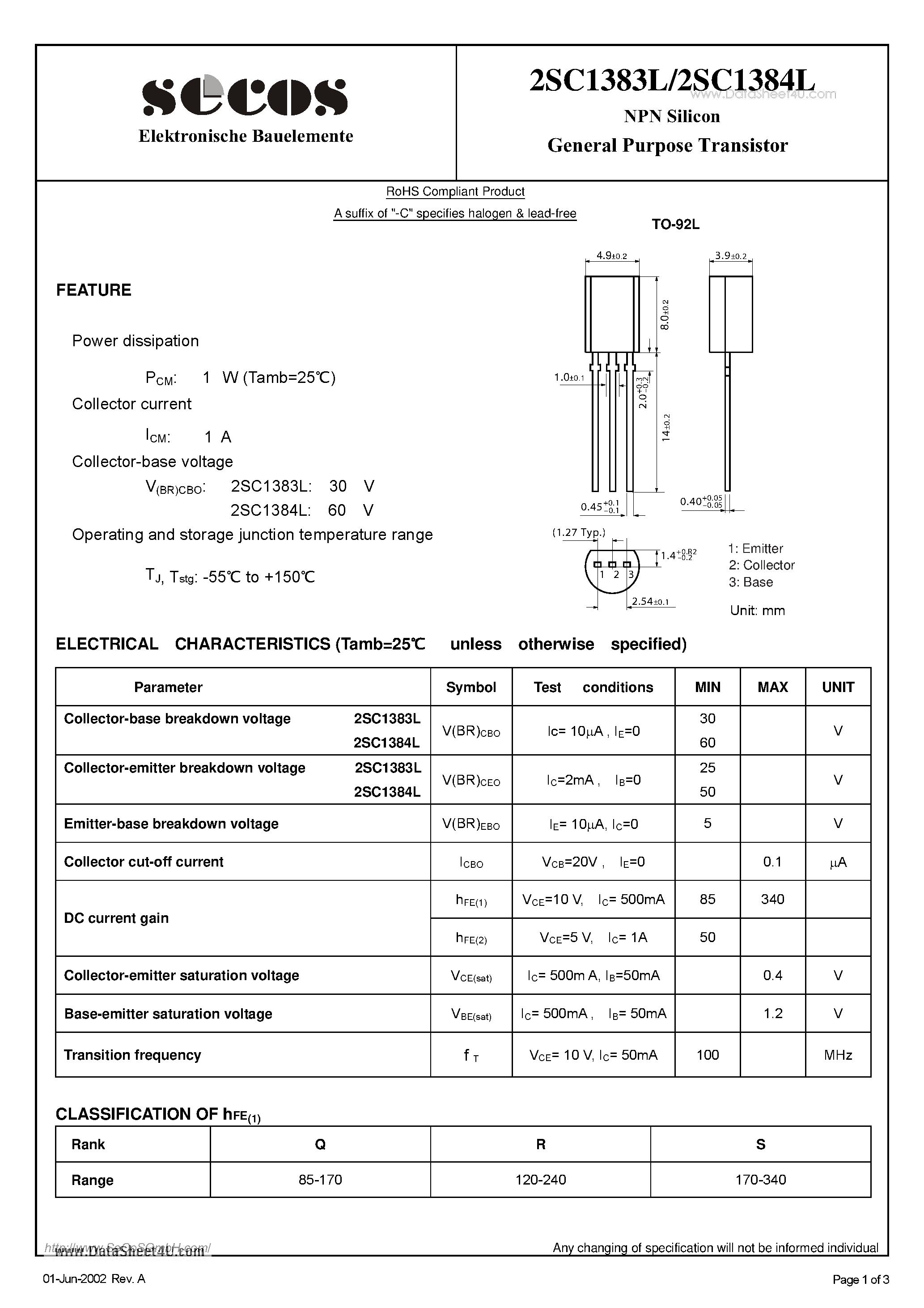 Datasheet 2SC1983L page 1 Datasheet 2SC1983L - (2SC1983L / 2SC1984L) NPN Silicon General Purpose Transistor page 1