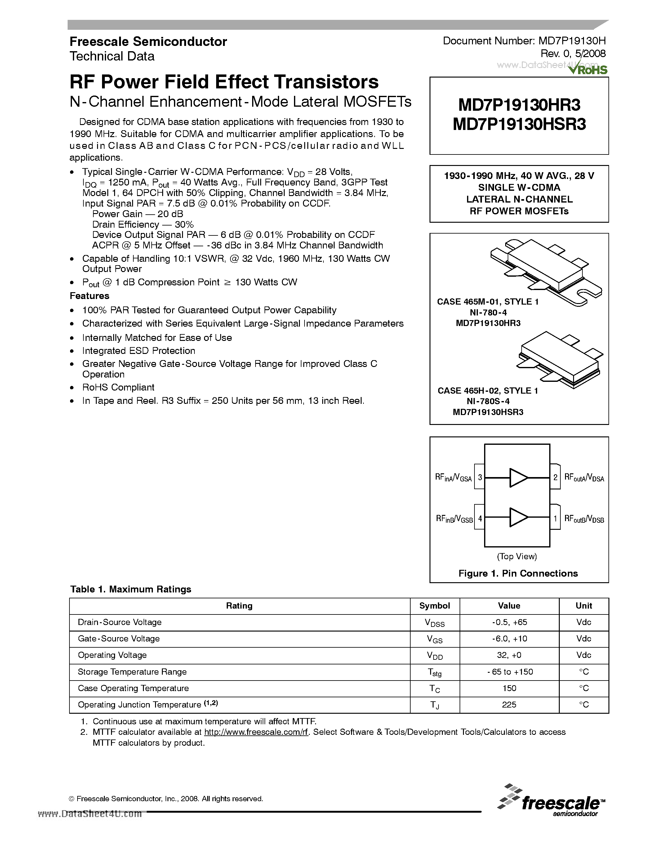 Даташит на микросхему MD7P19130HR3 страница 1 Даташит MD7P19130HR3 - RF Power Field Effect Transistors страница 1