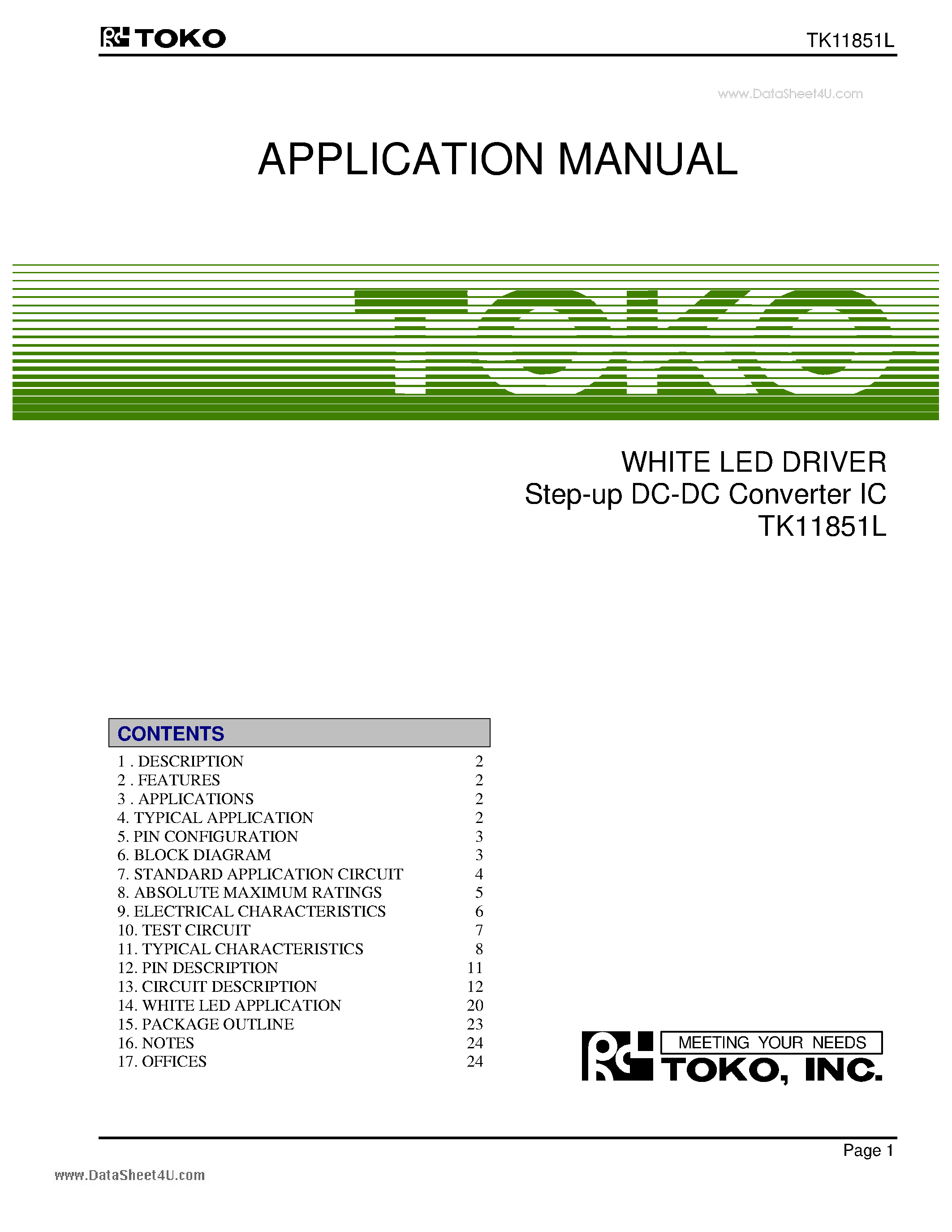 Datasheet TK11851L page 1 Datasheet TK11851L - White Led Driver DC-DC Step-up Converter ic page 1